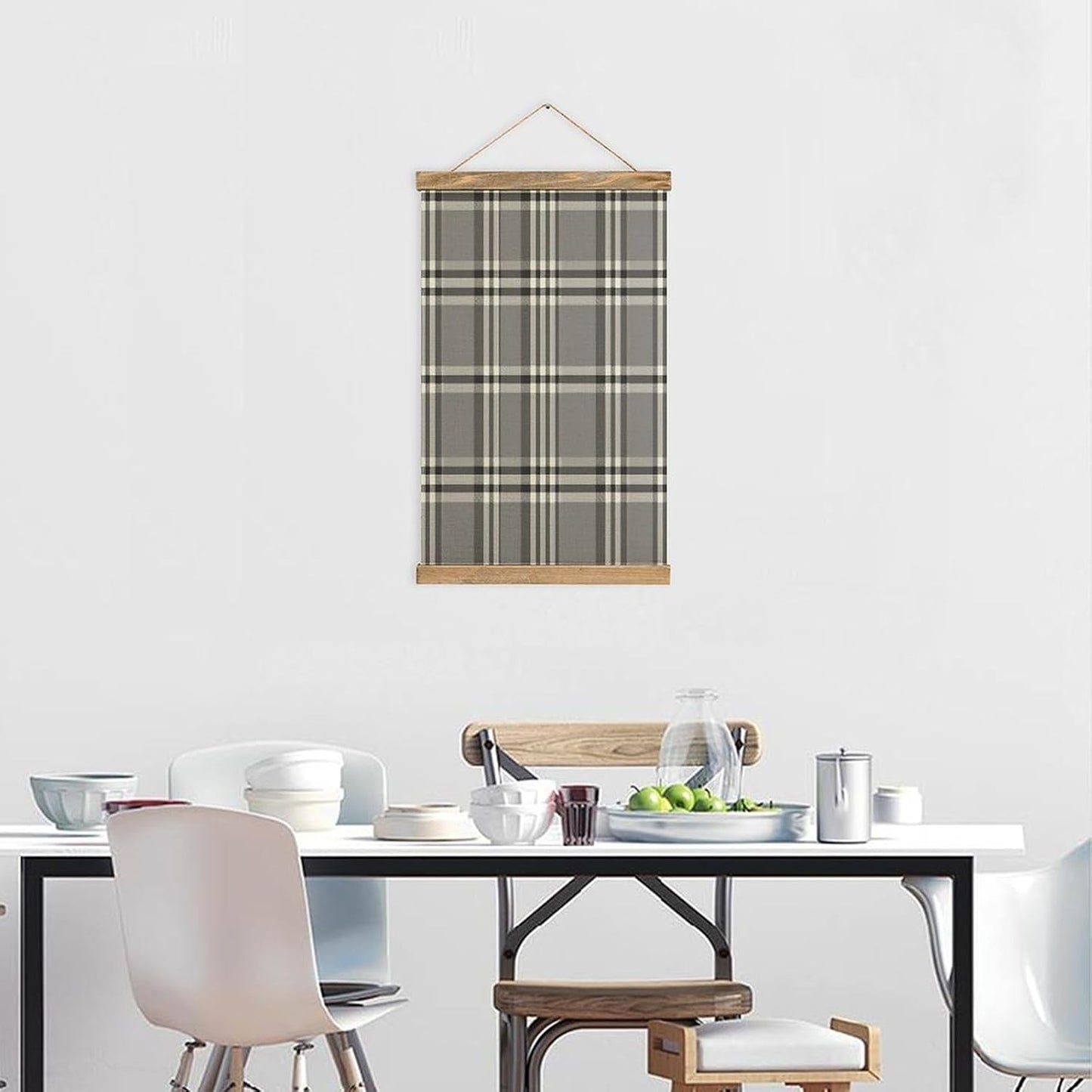 Vintage Gray Plaid Lines Poster with Wooden Frame Personalized Linen Hanging Scroll Painting Rustic Wall Hanging Illustrative Modern Artwork Decor for Home Living Room Bedroom Office