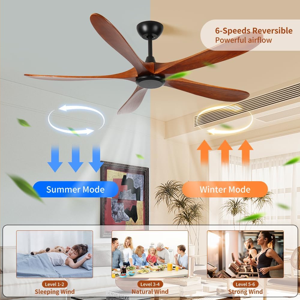60 inch Wood Ceiling Fan No Light,Low Profile Ceiling Fan without light,6-Speed Noiseless DC Motor Reversible,Timer,Remote Control for Bedroom Living Room Outdoor Patio Porch