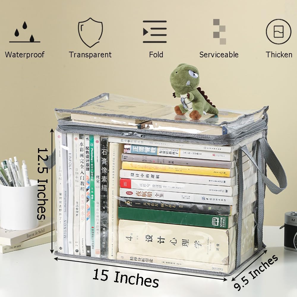 Waterproof Clear Zippered Organizers Largesize,Moving Storage Bags with Reinforced Handles,Closet Organizers and Storage Container for Book DVD Blu Ray Disc Clothing,15''x12.5''x9.5''
