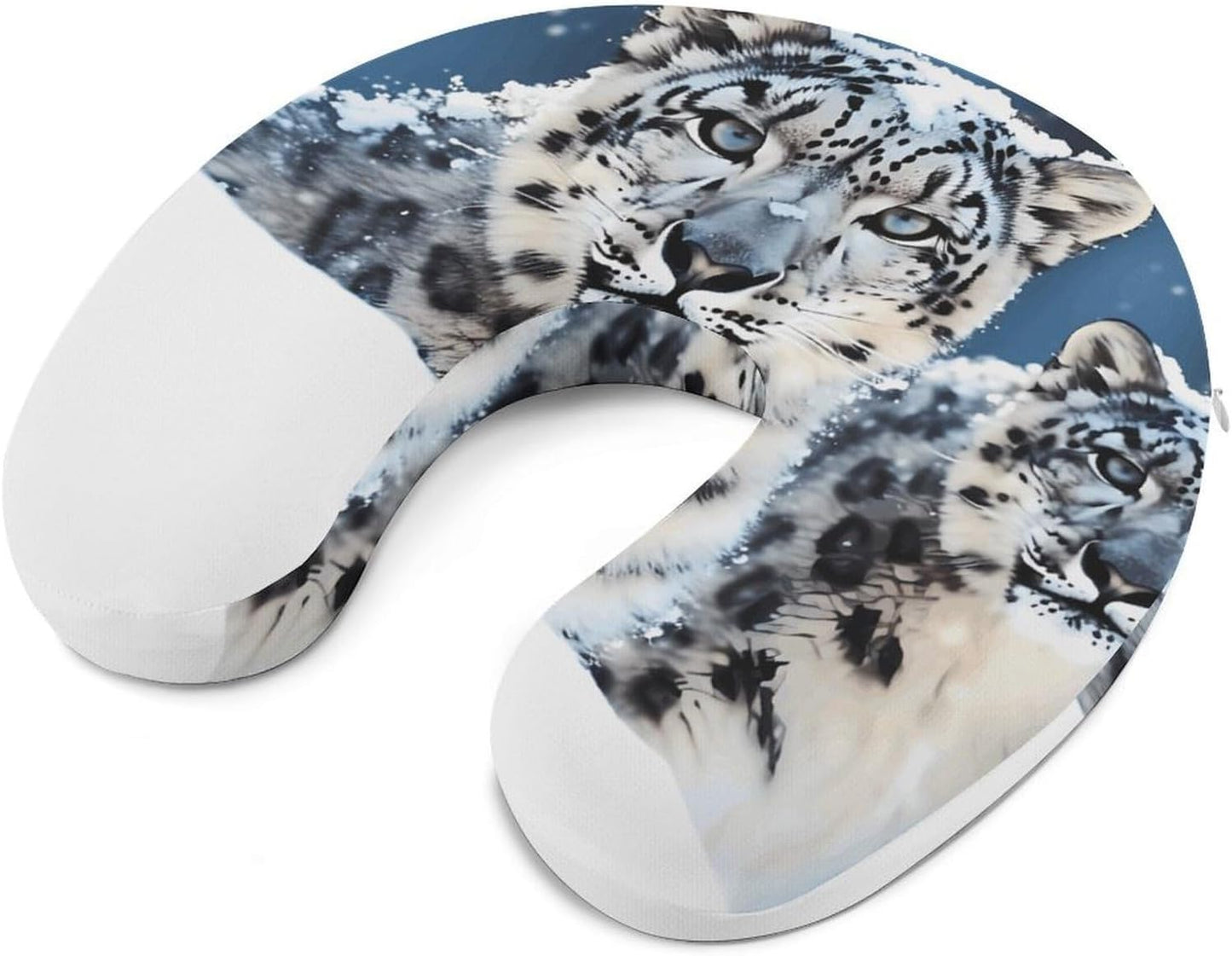 Blue Eyed Snow Leopard Neck Pillow Memory Foam U Shaped Pillows Portable Pillows for Shoulder Travel Head Support Pillow with Concealed Zipper for Airplane Car Home Office