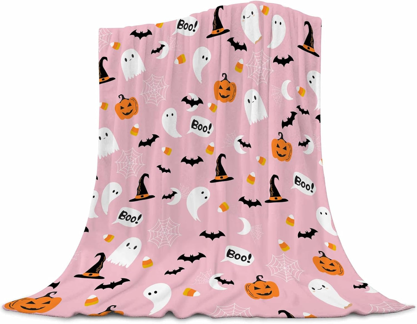Halloween Cute Ghost Blanket - Pink With Pumpkin, Lightweight Throw for Women, Soft Cozy Fleece for Couch, Living Room, Bed - Kids Girls 50x60 Inches
