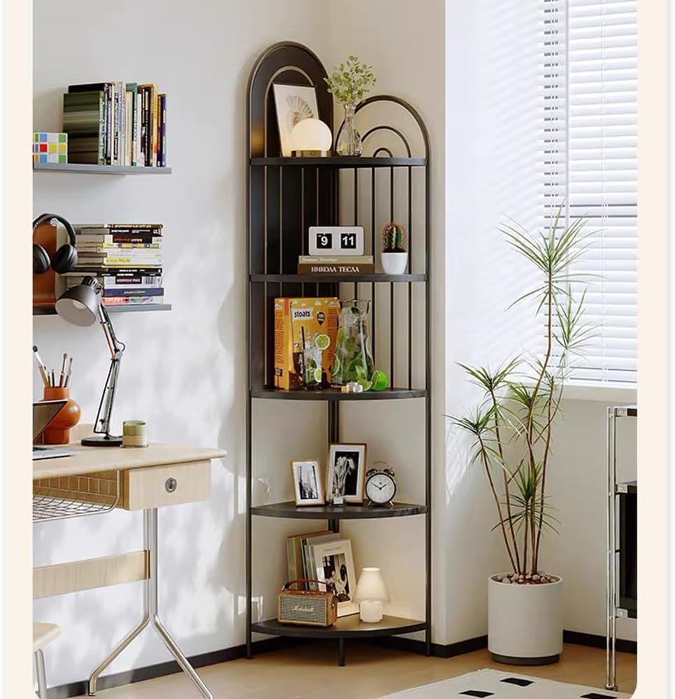 Black 5 Tier Metal Corner Shelf,Tall Industrial Corner Shelving Unit,Freestanding Corner Storage Rack for Small Spaces,Narrow Corner Bookshelf for Living Room,Bedroom,Bathroom
