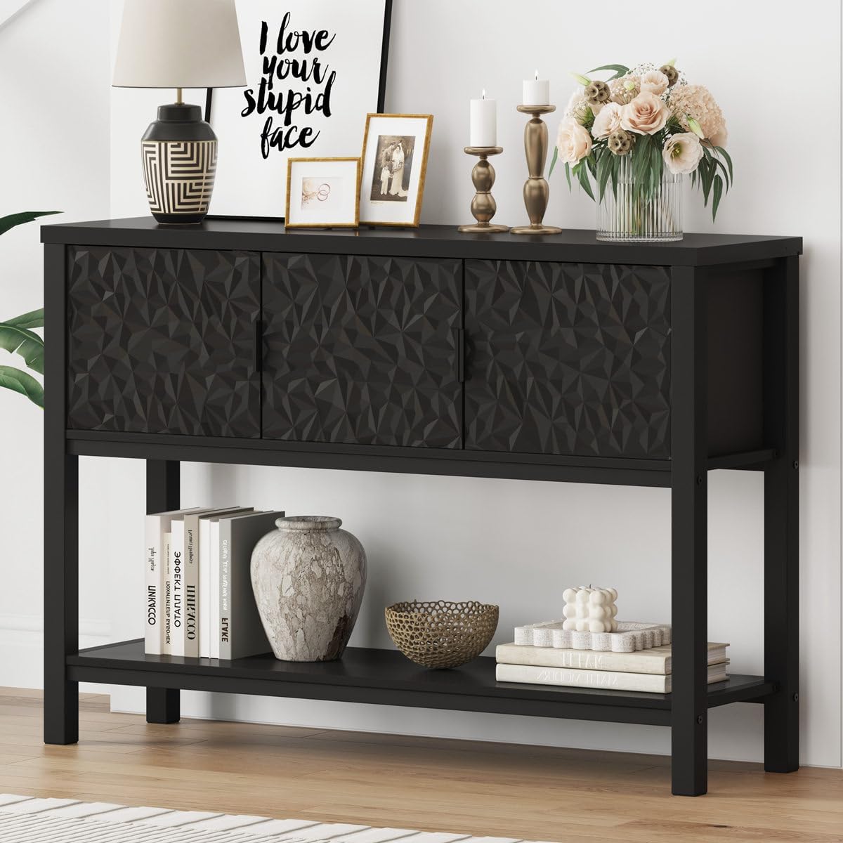 FATORRI Console Sofa Table, Entryway Table with Storage, Modern Foyer Tables with Doors for Hallway Dining Living Room (47.24 Inch Wide, Black)