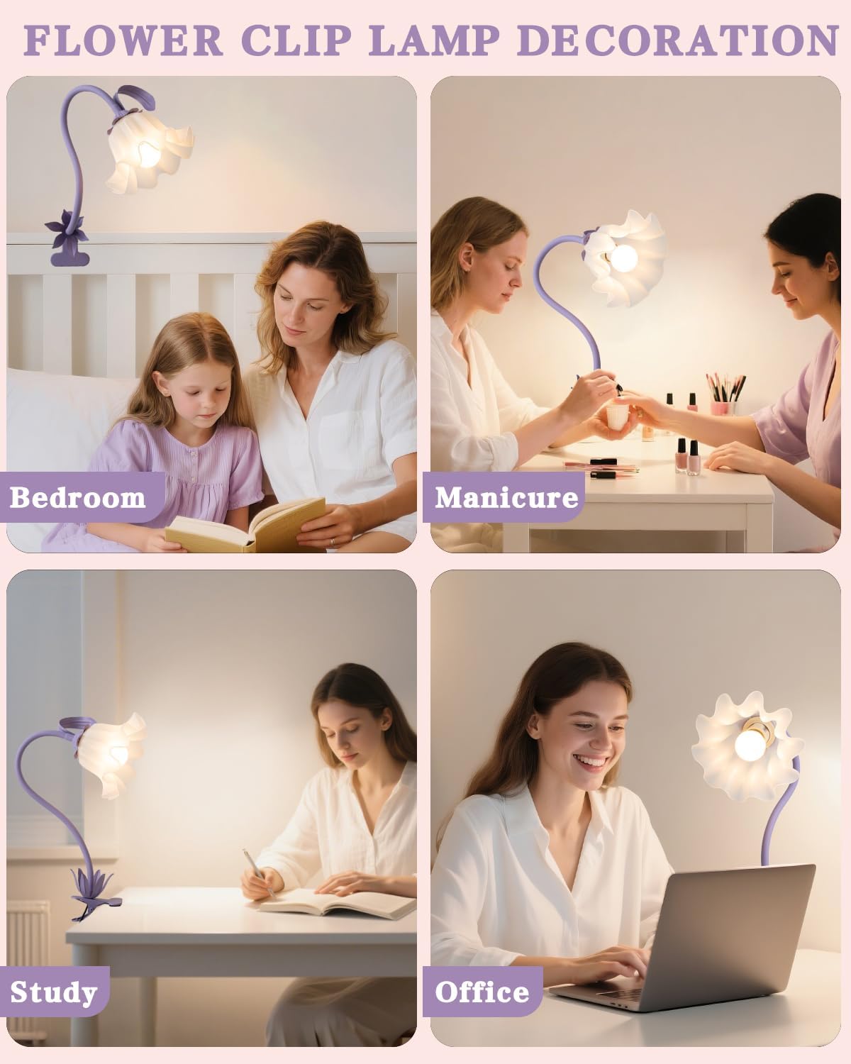 Flower Desk Lamp with Clamp - School Dorm Supplies, 3 Color Modes Flower Eye-Caring Clip on Light, Flexible Neck Reading Lamps for Home College Studying Room Bedside (Purple)