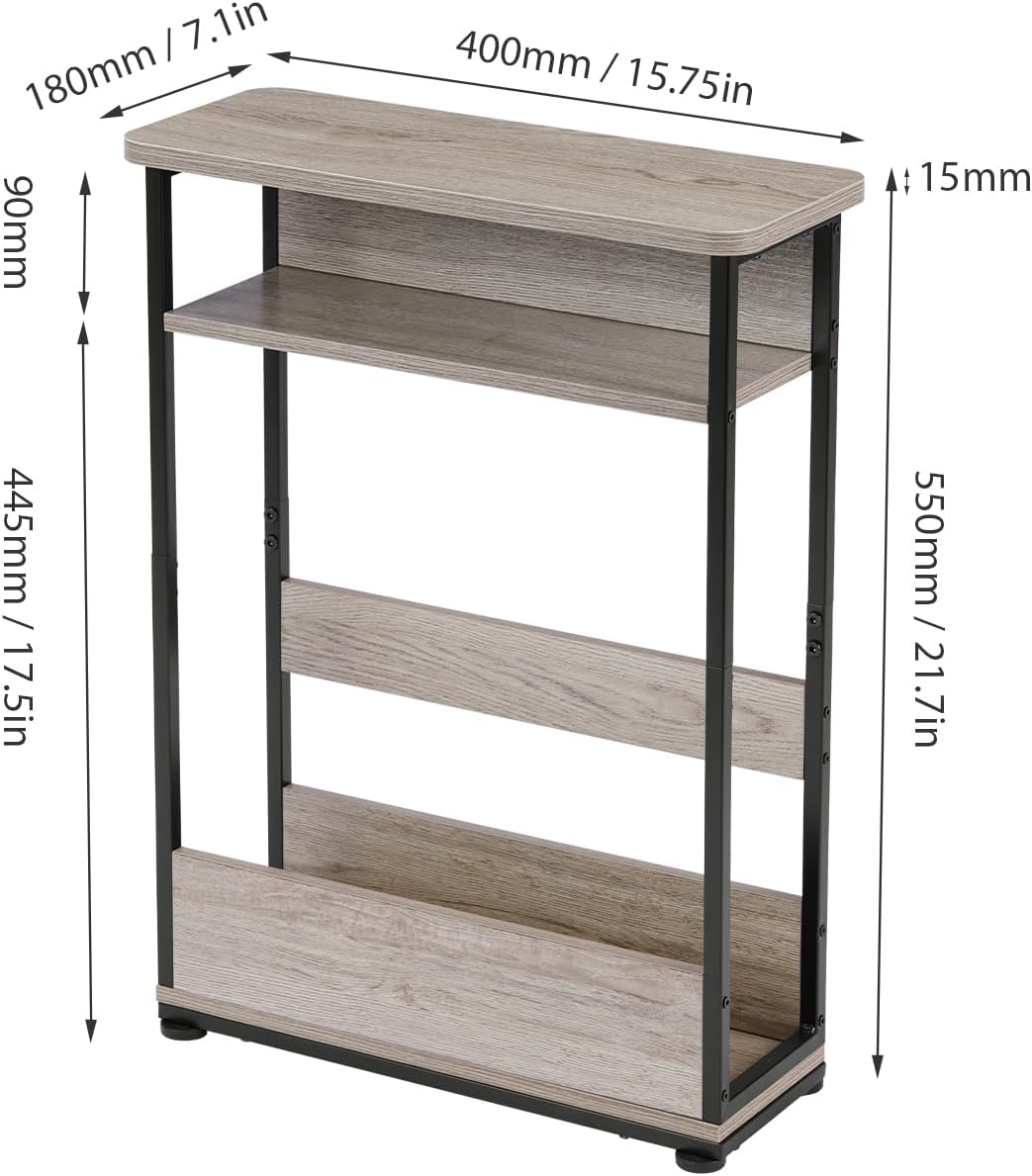 Narrow Side Table,3-Tier Slim End Table with Storage Shelf,Modern Sofa Table Thin Side Table for Narrow and Small Spaces, Skinny Bedside Table Small Nightstand with Magazine Rack Space Saving/Oak
