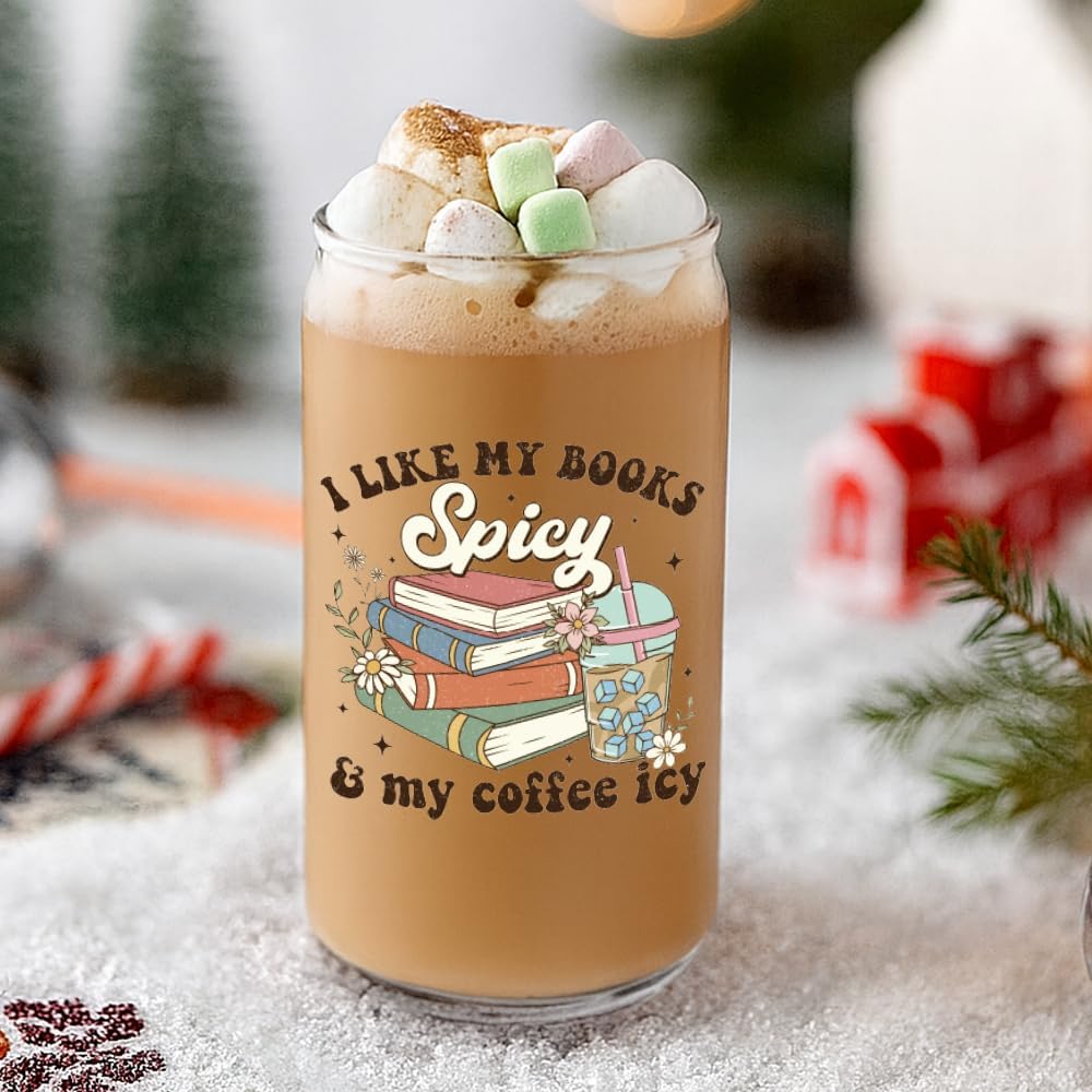 Funny Coffee Glass Cup Bookish Gifts for Women Mom Friend Book Lover Librarian,Book Themed Cute Drinking Glass Cup with Lids Straws,Reading Gifts for Birthday,I Like My Books Spicy & My Coffee Icy -8