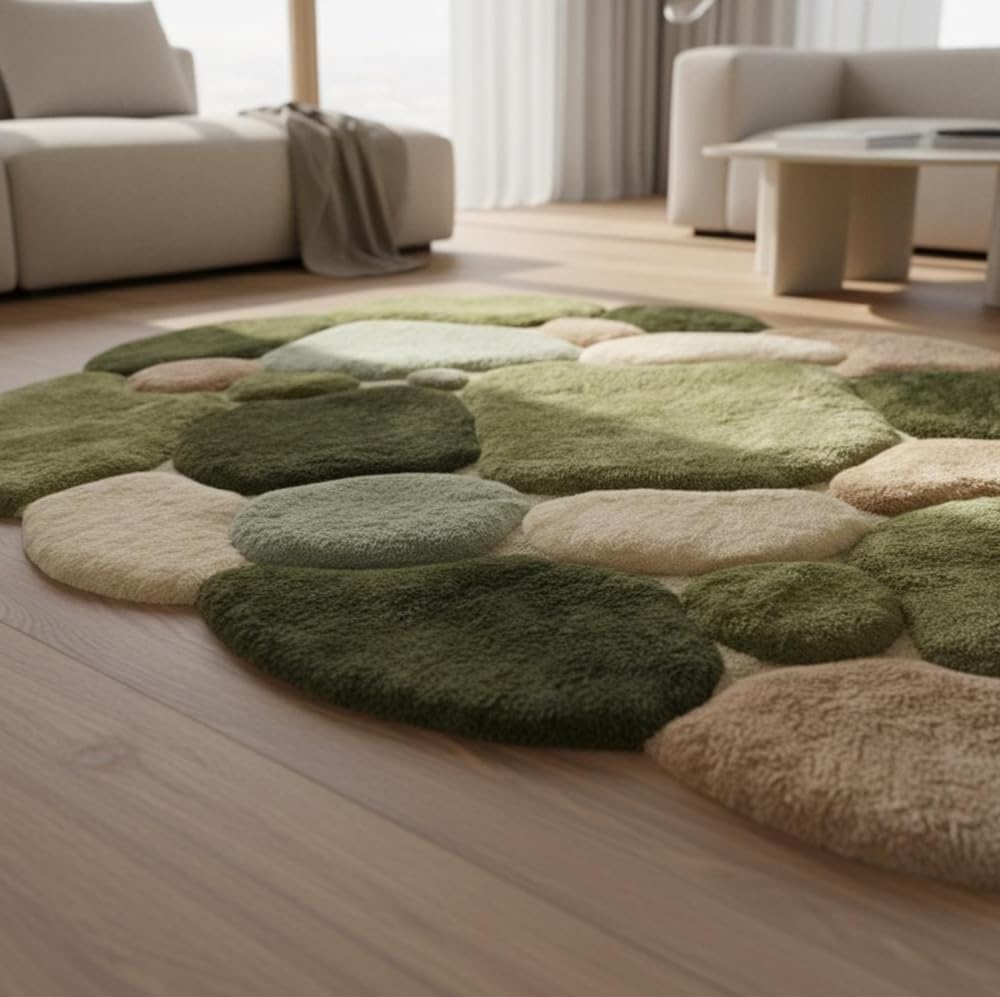 3D Pebble Stone Area Rug, Green Beige and Blush, Fluffy Tufted, Irregular Shape, Living Room Decor (Green with Olive Green, 10' x 14' Feet)