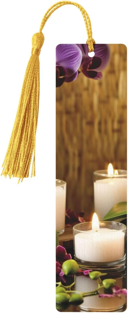 Candles and Orchids Bookmark Ornament, Wooden Bookmarks with Tassel, Book Mark for Book Lovers Page Markers Reading Gifts for Women Men Handmade Wood Bookmark Tag Label