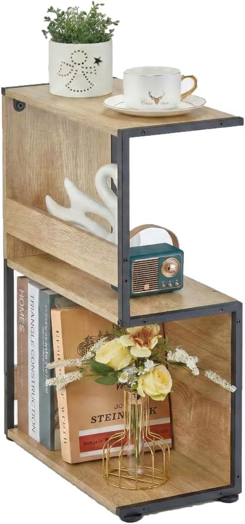 Bookshelf, Small End Table, S Shape Bookcase W/ 2-Layer Storage Shelves, Sofa Side Table for Small Spaces, Nightstand for Bedroom, Living Room, Stable Frame, Oak