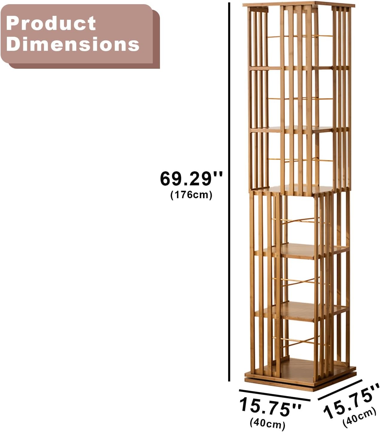 Bamboo Rotating Bookshelf Tower, 360° Spinning Bookcase, 6-Tier Narrow Floor Standing Storage Rack for Corner, Office, Room,Brown