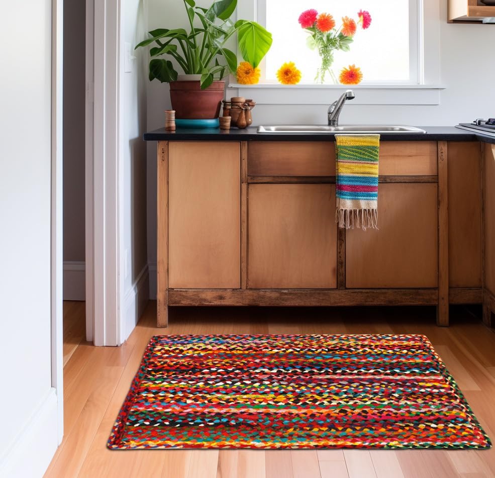 COTTON CRAFT Cotton Chindi Braid Rag Rug - Boho Farmhouse Rustic Area Accent Throw Rug - Handwoven Reversible Natural Recycled Cotton - Living Room Den Study Home Décor Gift - 2' x 3' - Multi Color