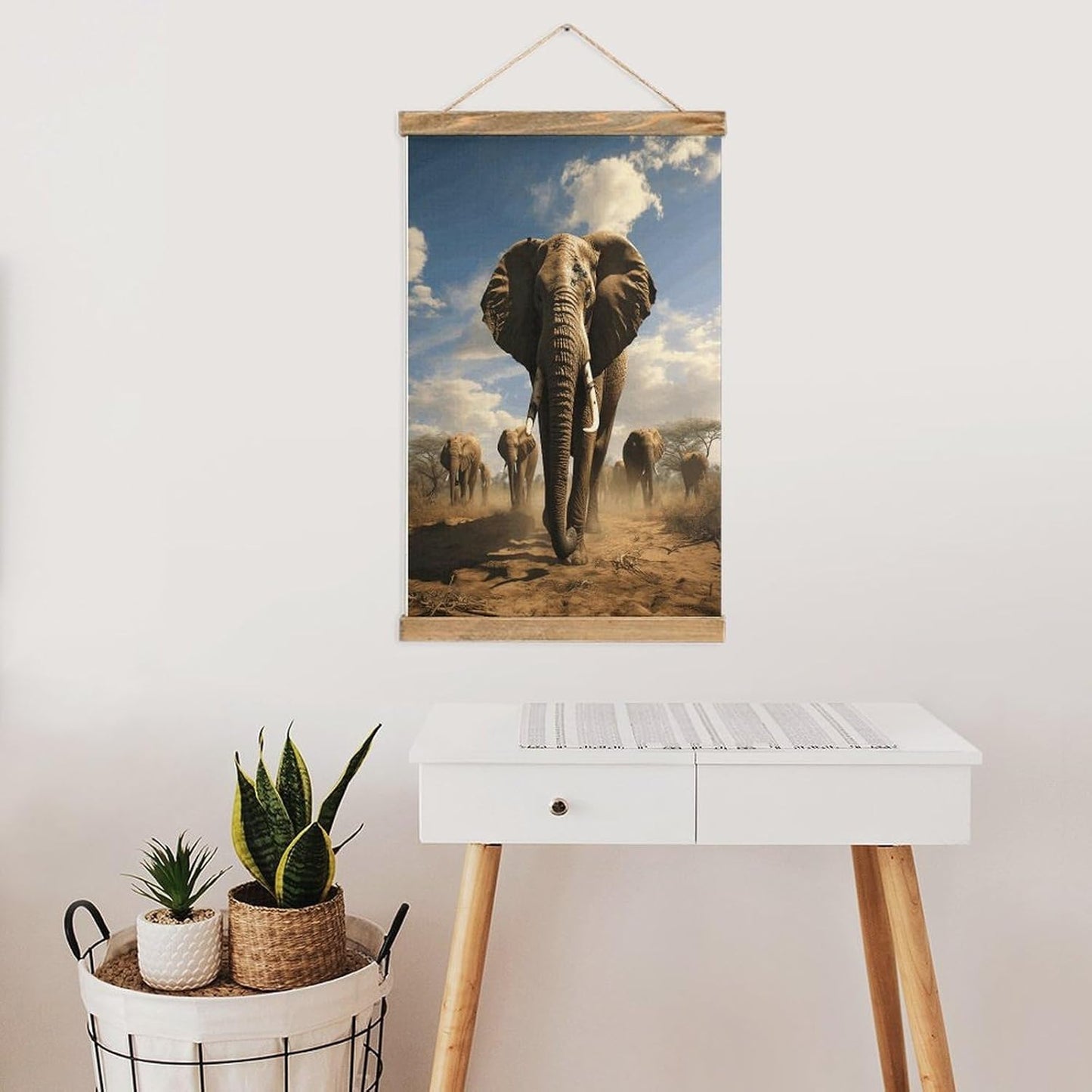 Vintage Ferocious Elephant Poster with Wooden Frame Personalized Linen Hanging Scroll Painting Rustic Wall Hanging Illustrative Modern Artwork Decor for Home Living Room Bedroom Office