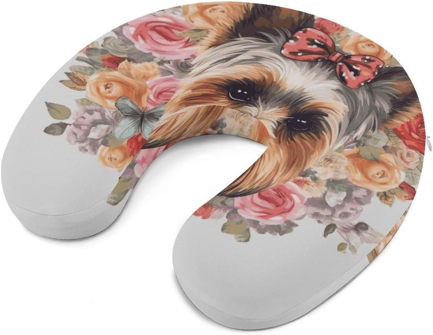 Yorkie Floral Neck Pillow Memory Foam U Shaped Pillows Portable Pillows for Shoulder Travel Head Support Pillow with Concealed Zipper for Airplane Car Home Office