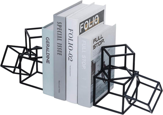 MyGift Modern Black Metal Geometric Bookends, Decorative Book Ends Stands for Home Library Bookshelf Office Desk, 1 Pair, Handcrafted in India, 3 Cube Frame Design