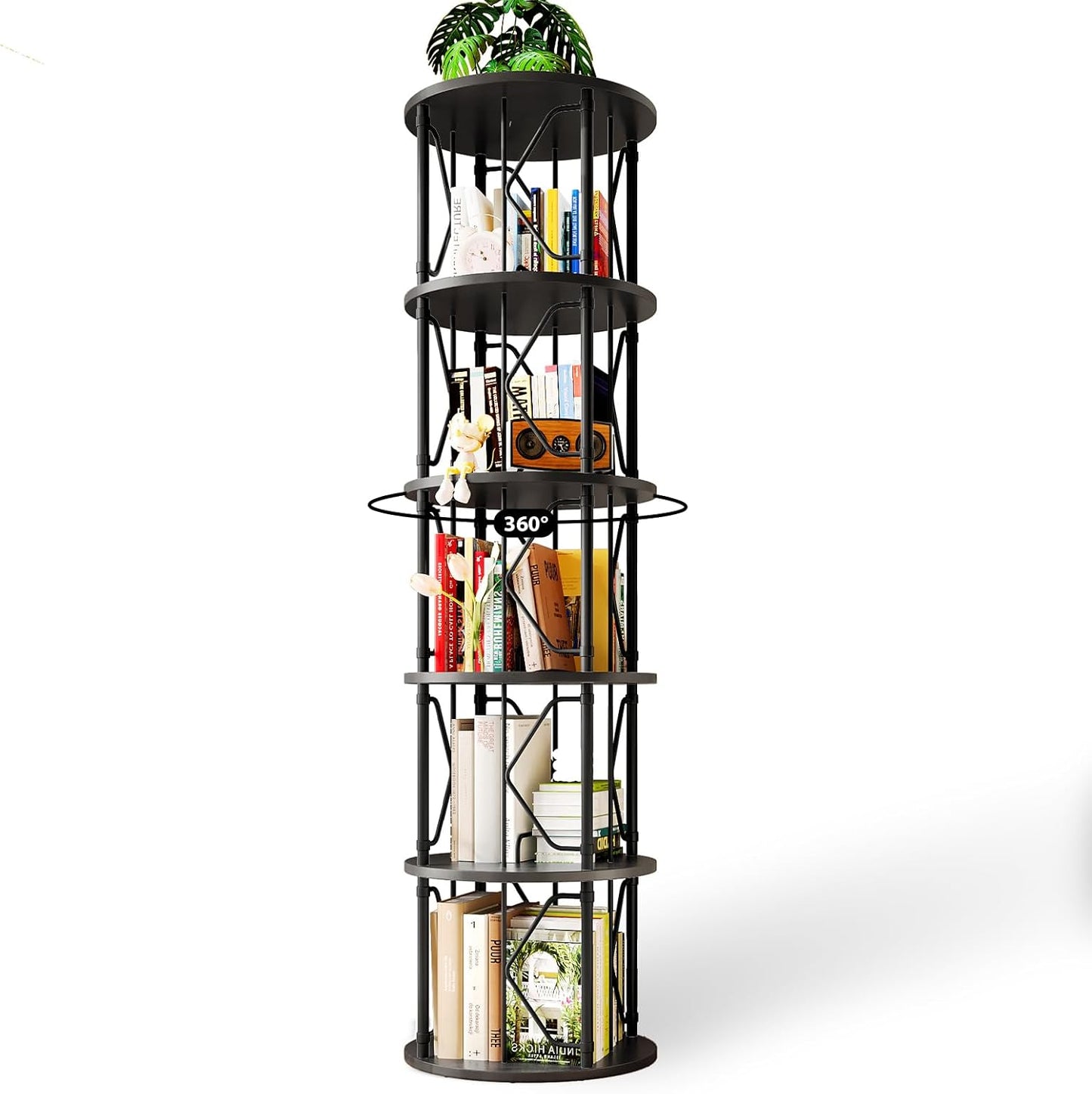 5 Tier Rotating Bookshelf Tower, Revolving Bookcase, 360° Round Spinning Book Shelf, Narrow Swivel Bookshelves Vertical Turning Corner Bookshelf Organizer for Bedroom, Living Room, Black