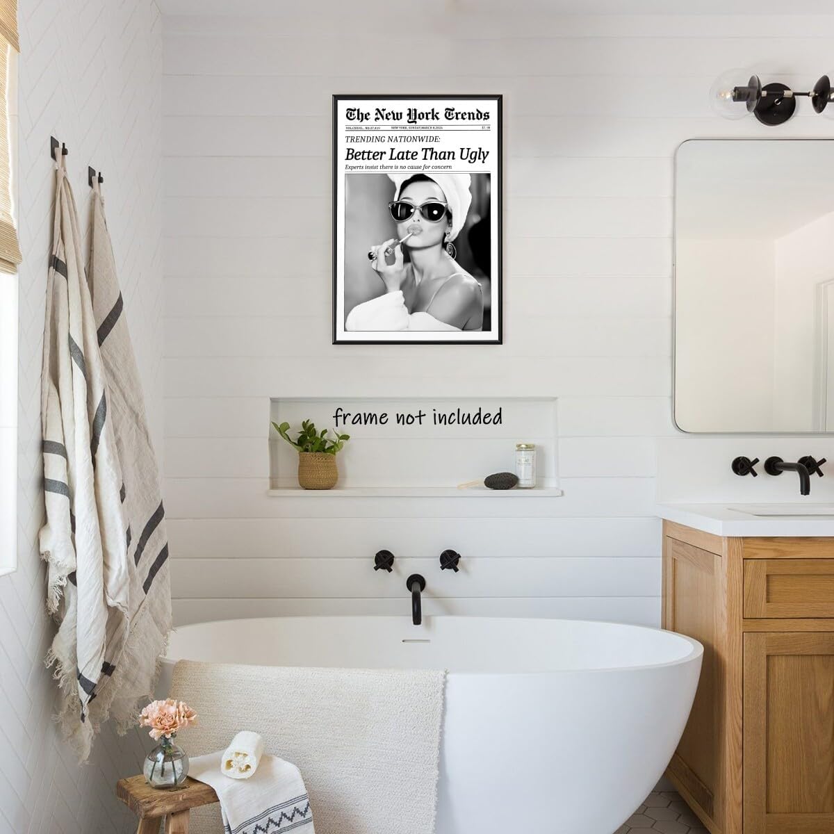 New York Trends Wall Art Black and White Newspaper Better Late Than Ugly Poster Canvas Prints Funky Feminist Posters Trendy College Wall Decor for Bar Cart Girl Dorm Room Bathroom Decorative 12x16inch Unframed