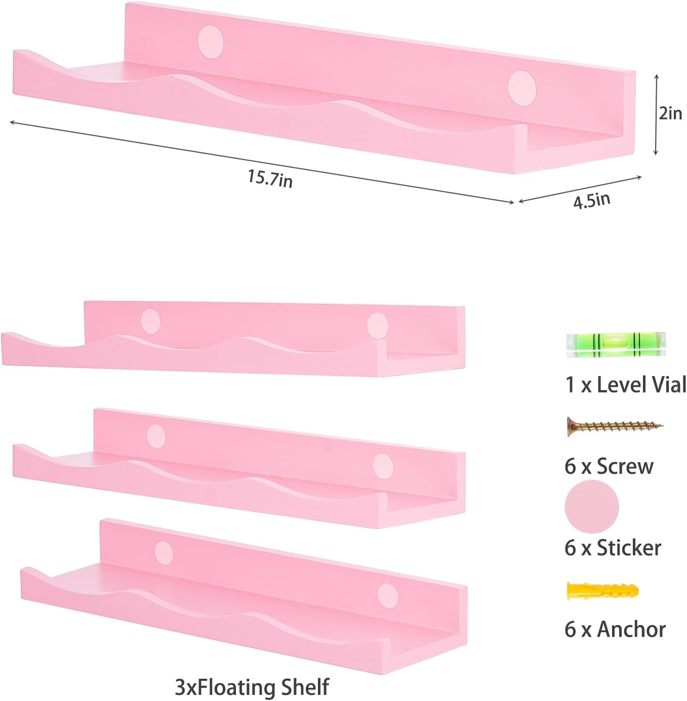 AZSKY Floating Bookshelf for Kids, Floating Shelves for Wall Cloud Picture Ledge Shelf Pink 16 Inches Nursery Book Shelves Set 3, Baby Book Shelf for Kids Room, Toddler Room, Baby Room, Nursery Decor