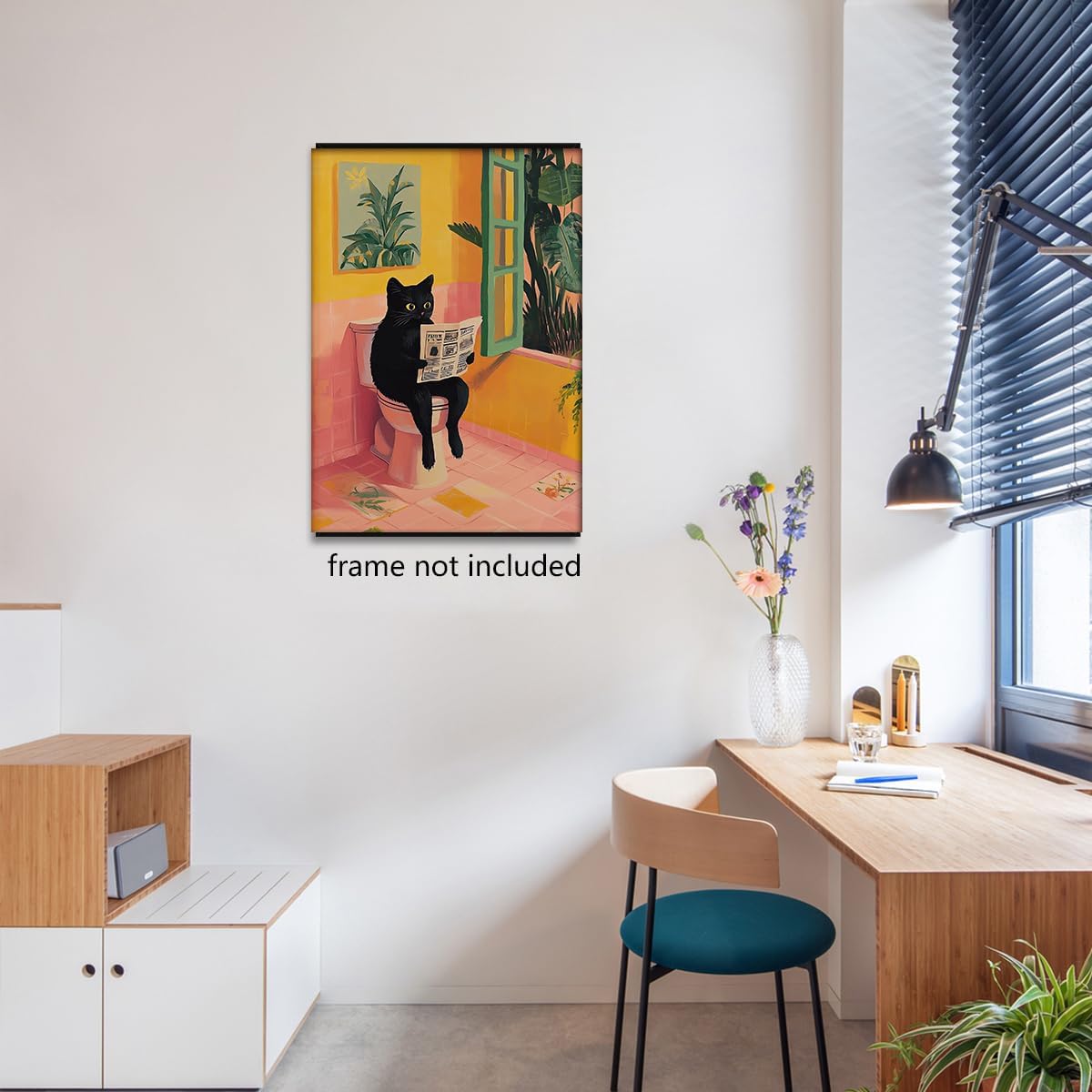 Funny Bathroom Wall Art Abstract Black Cat Sitting On Toilet Reading Newspaper Posters Cute Animal Cat Lovers Print Aesthetic Dopamine Painting For Toilet Restroom Decor 12x16in Unframed