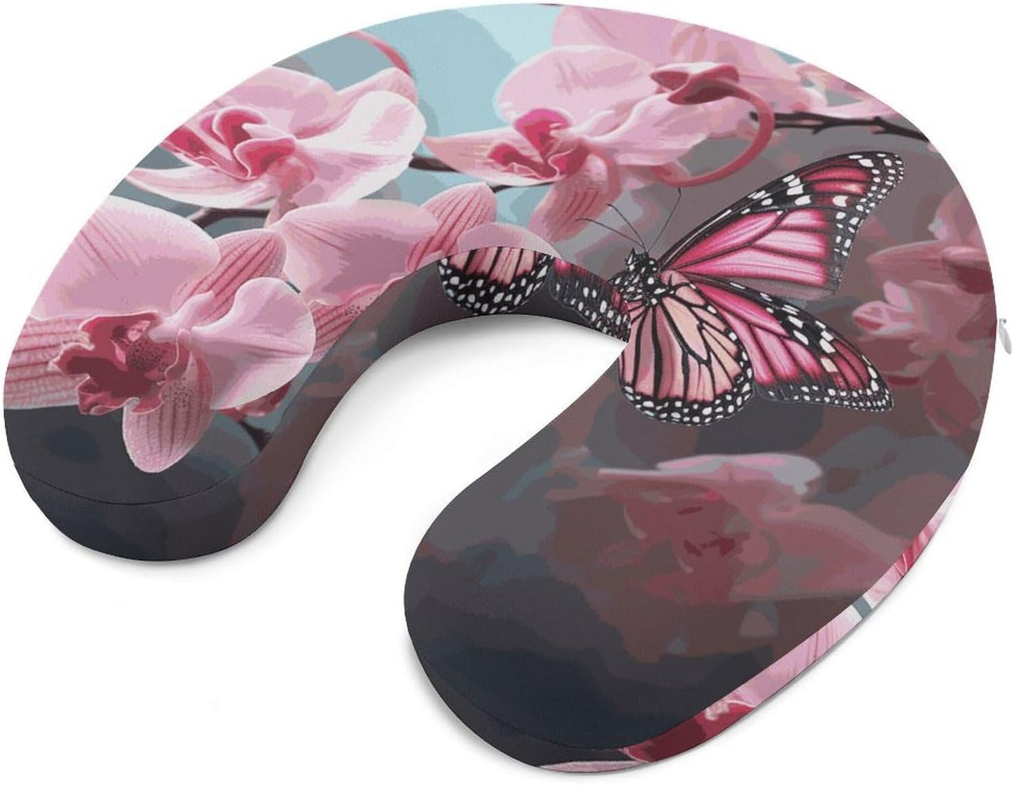 Orchid Flower Butterfly Soft Fresh Spring Neck Pillow Memory Foam U Shaped Pillows Portable Pillows for Shoulder Travel Head Support Pillow with Concealed Zipper for Airplane Car Home Office