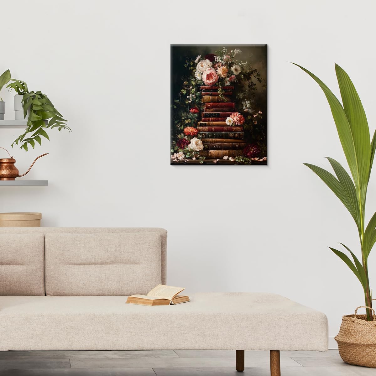 Vintage Floral Books Wall Art Moody Flowers Bookish Canvas Print Poster Dark Academia Wall Decor for Farmhouse Reading Nook Study 8x10 Inch Framed