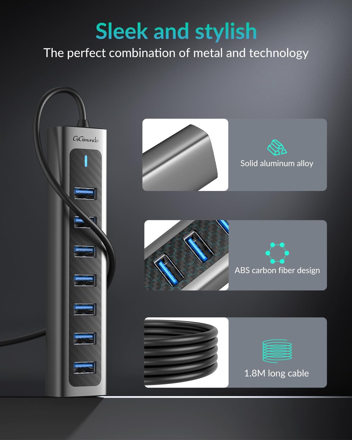 GiGimundo USB Hub 3.0, 8-Port USB Hub Long Cable 6 FT with 7-USB3.0 Data Ports and TypeC 5V/3A Power Port, Aluminum 5Gbps USB Splitter for PC, Laptop, Desktop, Computer, PS5, XPS(Gray,1.8M)
