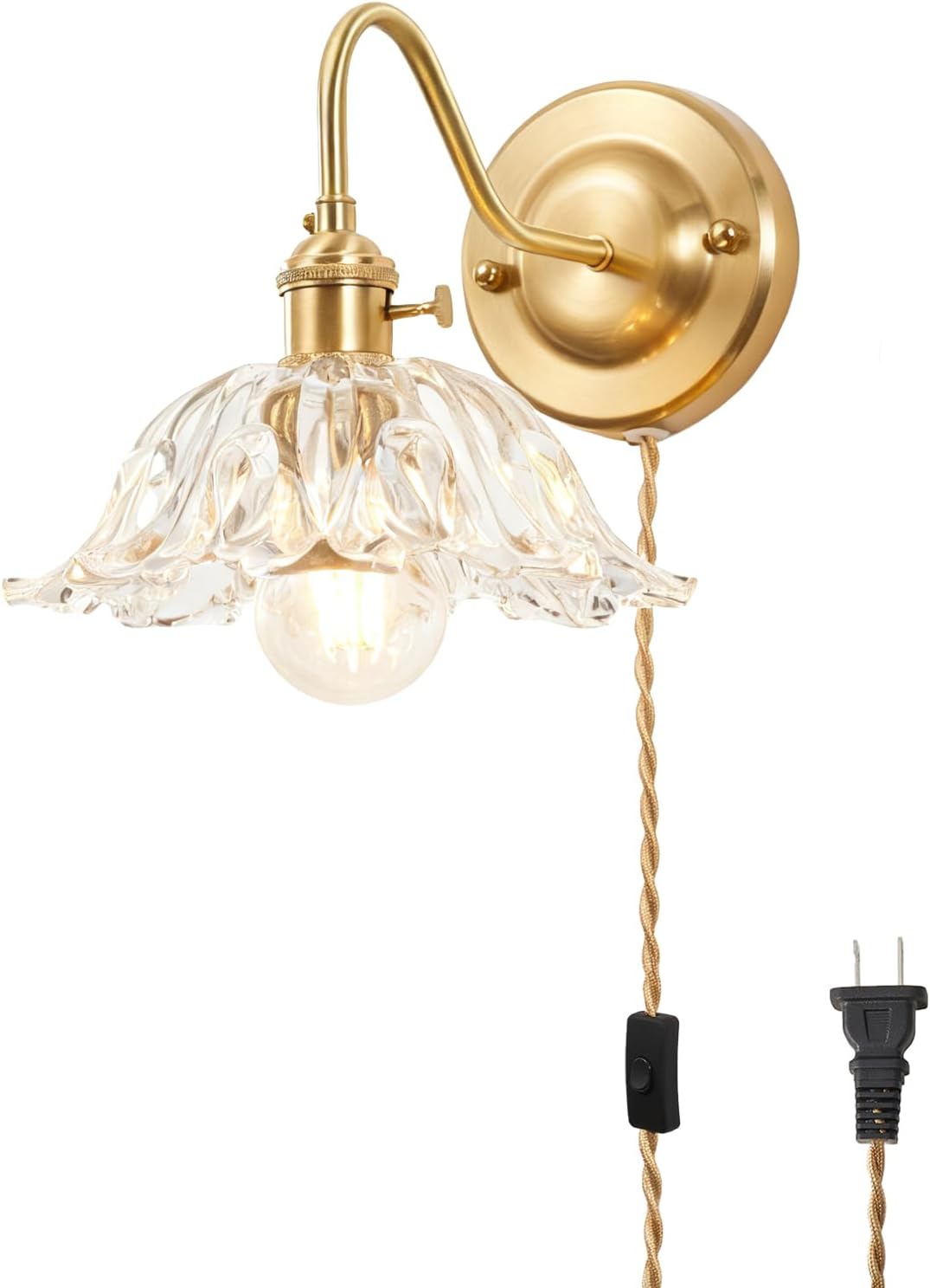 Vintage Plug-in Wall Sconce with Switch, Clear Snowflake Glass Shade, Brass Fixture, E26 Socket with Dual Switches, Plug-in or Hardwired for Bedroom, Reading Nook, Hallway, Kitchen Island