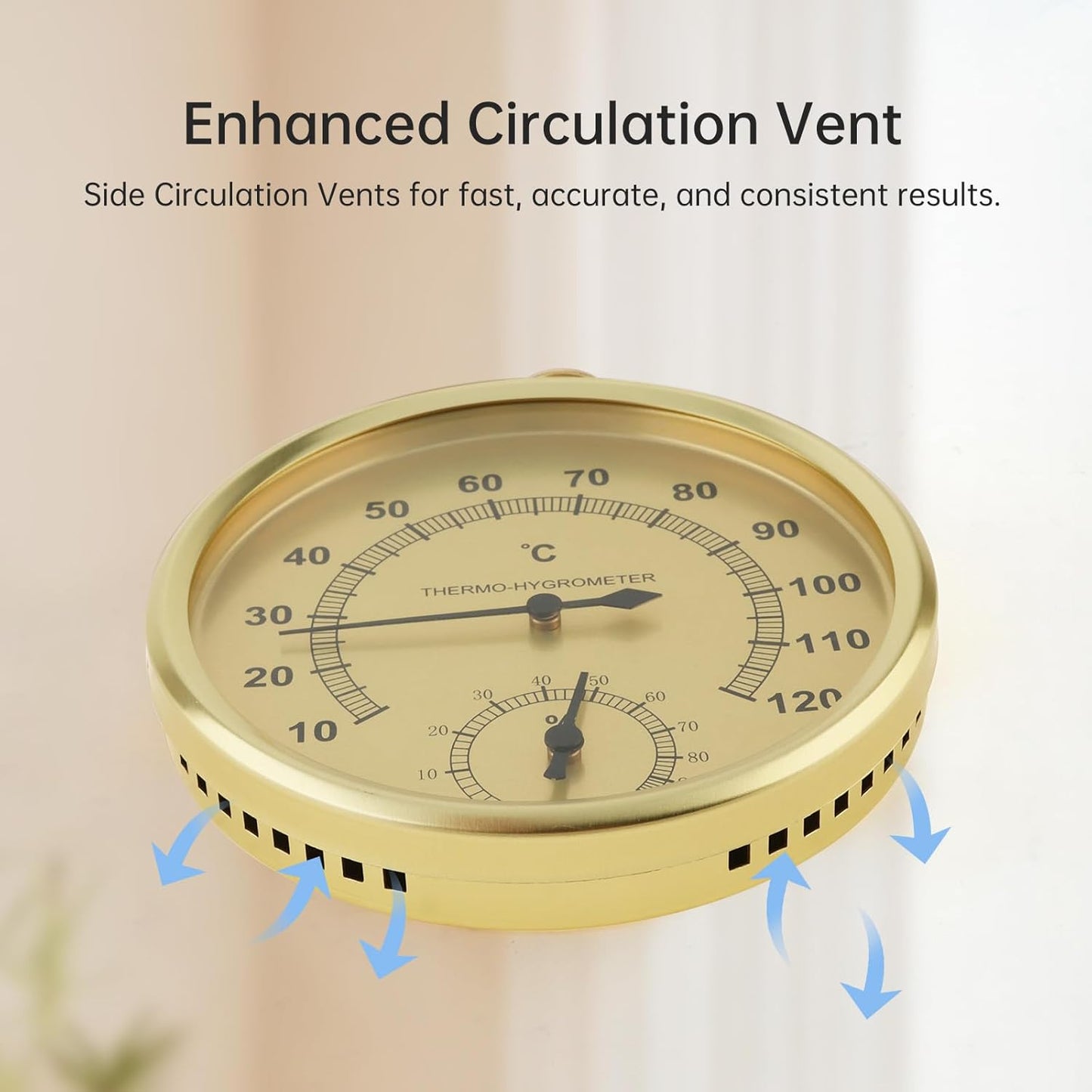 Analog Hygrometer Thermometer for Indoor Weather Dial Gauge Indicator Temperature and Humidity Monitor Hanging Hygrometer for Wall, Table, Garden, Greenhouse or Office Decorative (Gold 4.3inch)