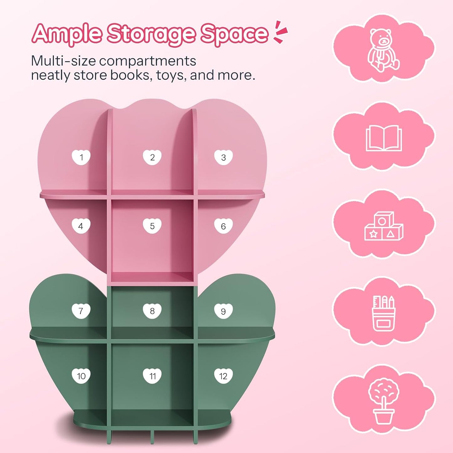 HOOBRO Toy Storage Organizer, Toy Organizers and Storage with 10 Cubbies,Kids Bookshelf and Toy Storage for Books &Toys, Toy Chest Shelf for Playroom, Pink and Green KJ93CW01