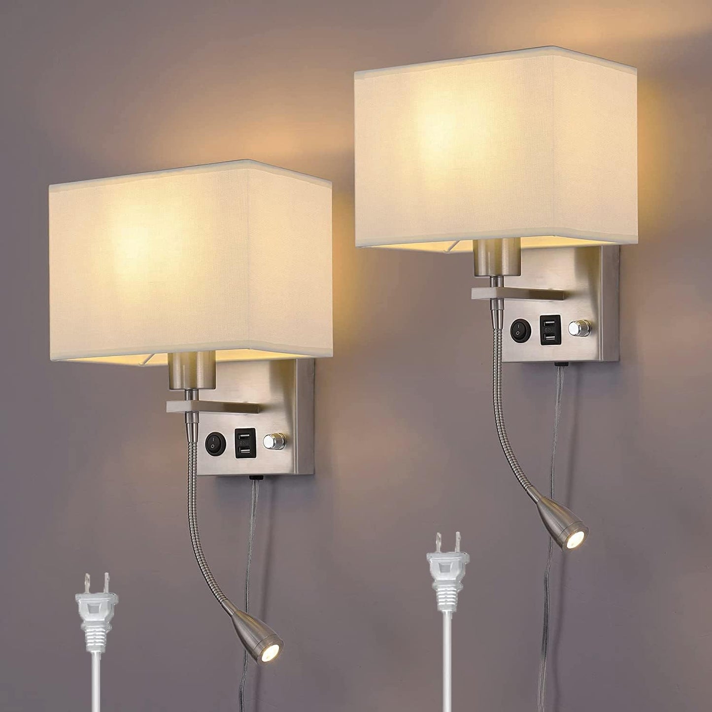 2-Pack Bedside Lights, Plug in Wall Sconce with Two USB Charging Ports, Dimmable Reading Lamp with Fabric Shade and On/Off Switch, for Home or Hotel, Brushed Nickel