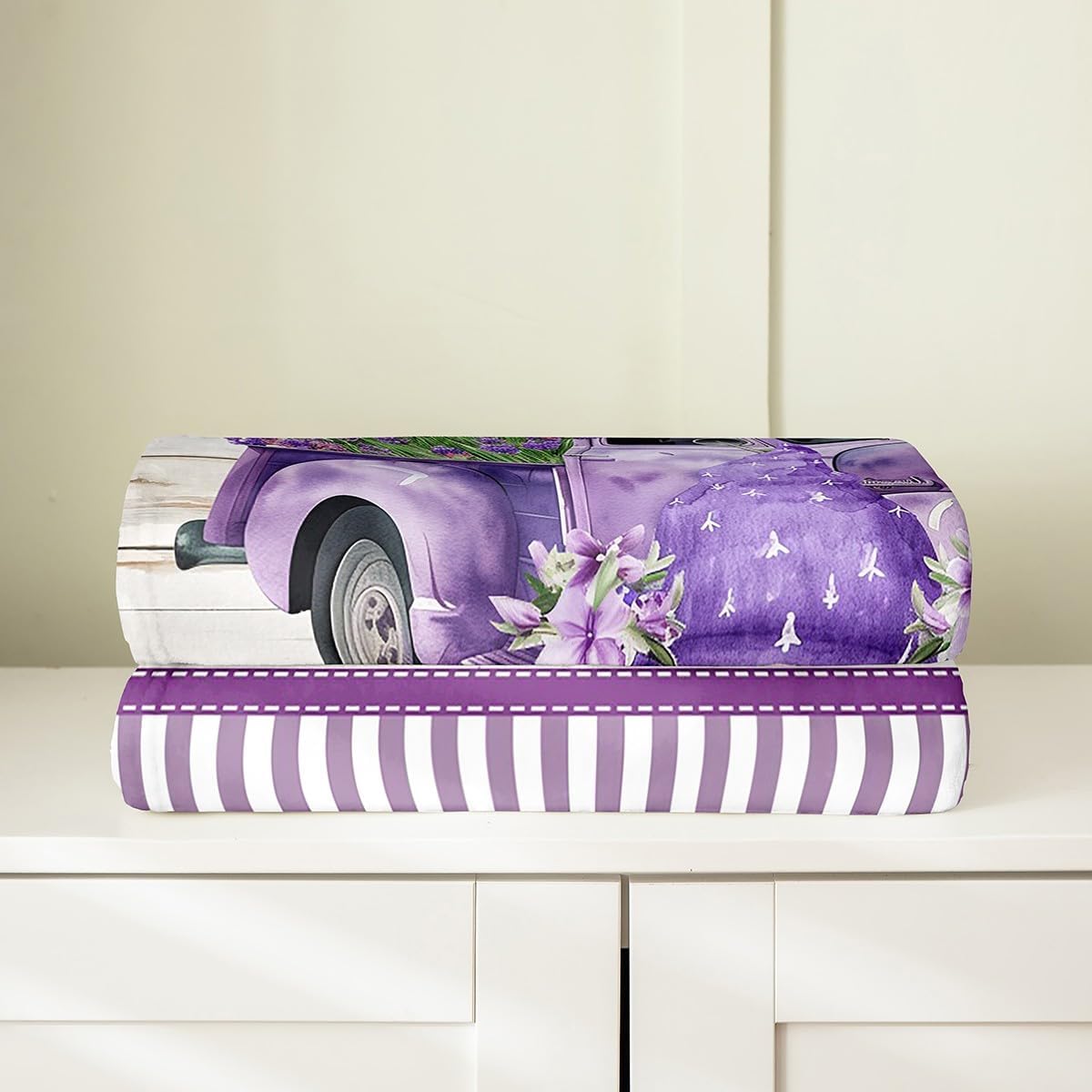 Purple Car Gnomes Fleece Blanket,Lavender Flower Plant Plush Blanket for Kids Teens,Lovely Room Decor,Purple Stripe Geometric Flannel Blanket,Twin 60"x80"