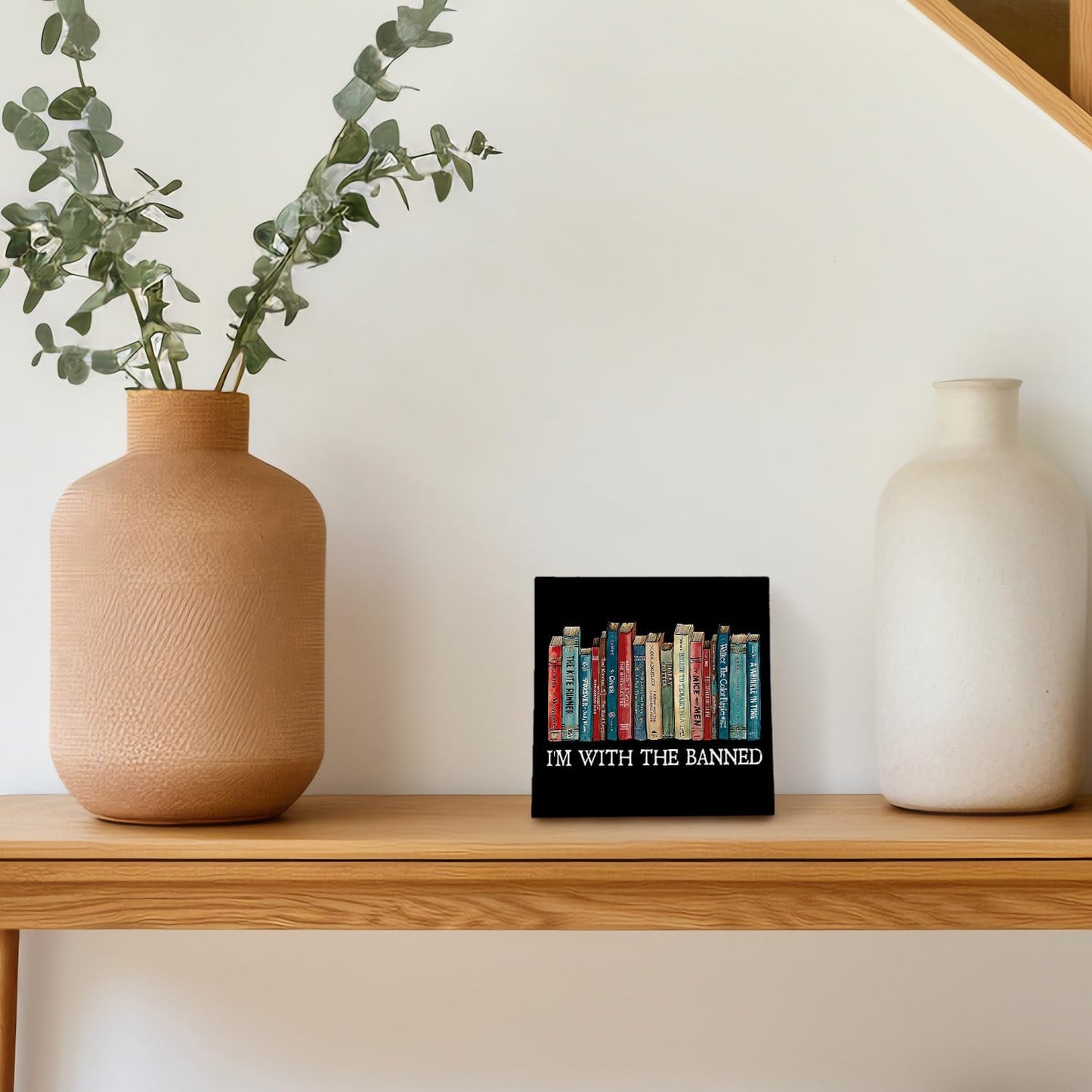 Book Lovers Gifts, Librarian Gifts, Bookshelf Reading Nook Decor, Reading Corner Decor, Library Decor, Book Lover Decor - I'm with the Banned Book Reading Wood Signs Plaque, 6.2x6.2 Inches