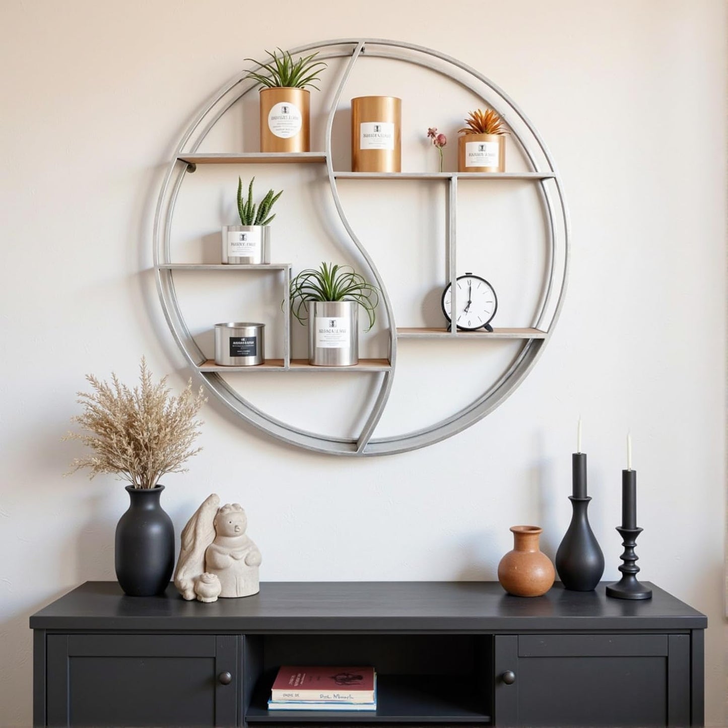 Round Wall Shelf,24 inch Metal Circle Shelf Wood Floating Shelves,Rustic Silver Wall Mounted Display Organizer Shelf for Fireplace,Living Room,Bathroom