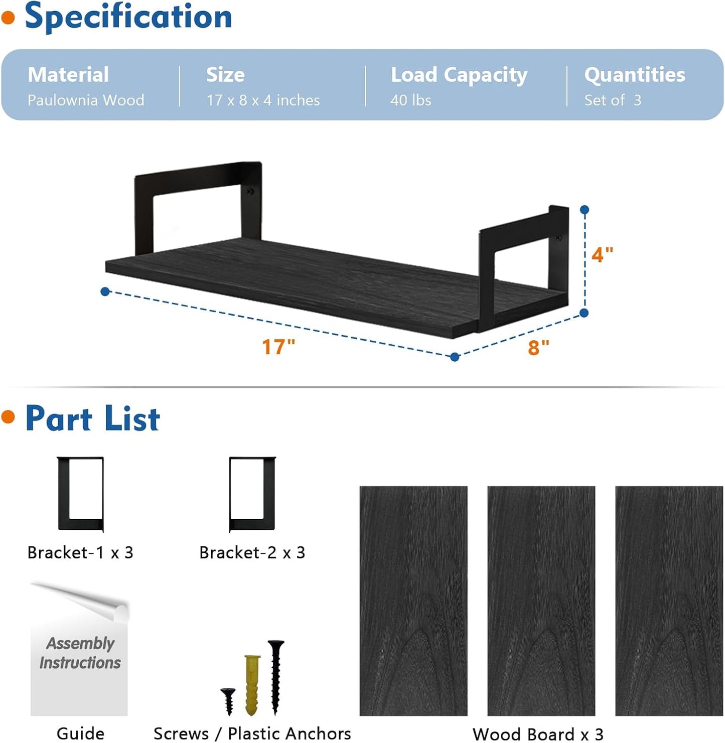 Wall Mounted Bookshelf, Floating Bookshelves for Bedroom, 17 Inches Long Wall Mount Book Shelves for Living Room Office Books, Black Wall Book Holder Bookcase (Set of 3)