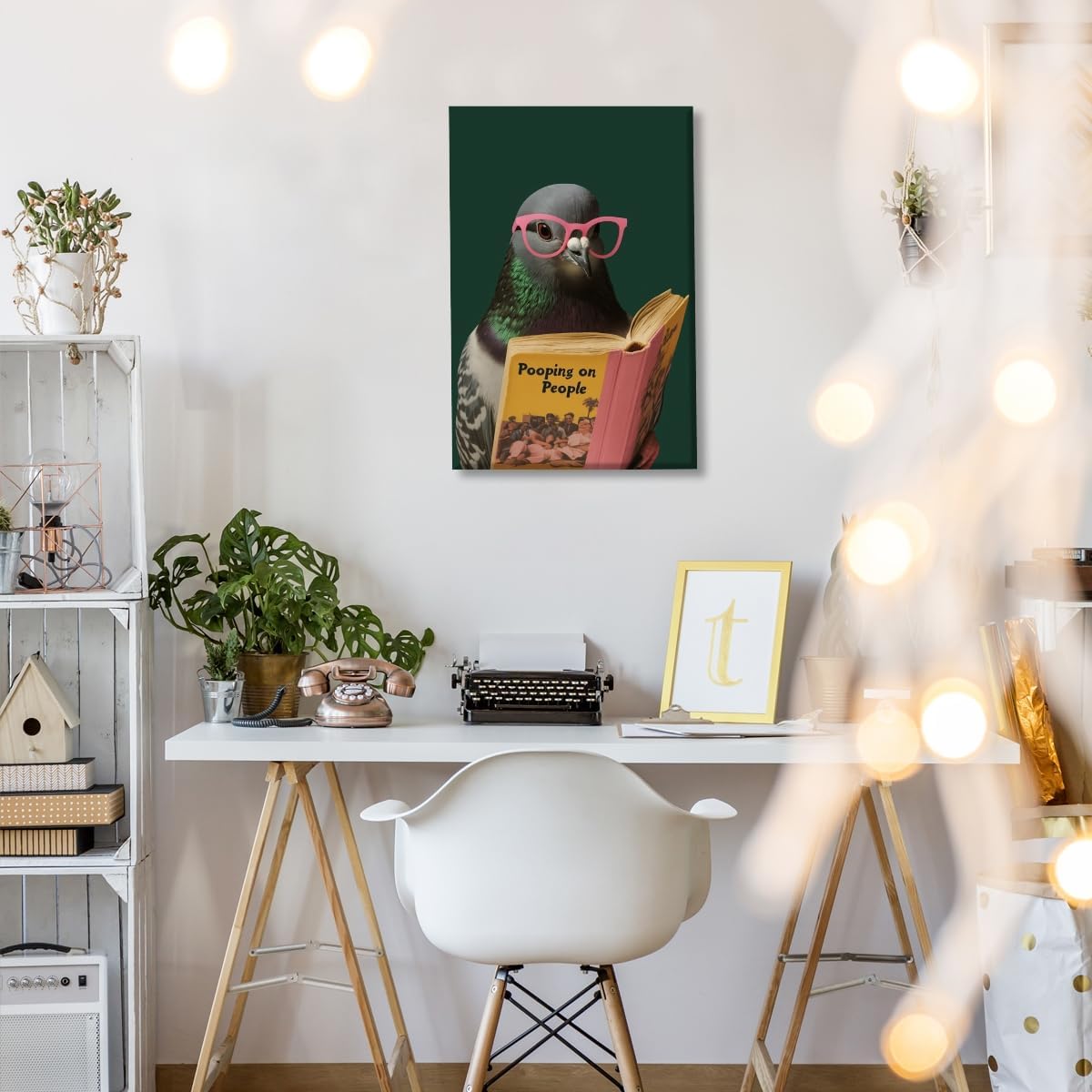 Funny Bathroom Wall Art Quirky Pigeon Reading Pooping on People Poster Trendy Bathroom Humor Painting Canvas Print Retro Bird Animal Green Wall Decor For Home Toile Restroom 16x24inch Unframed