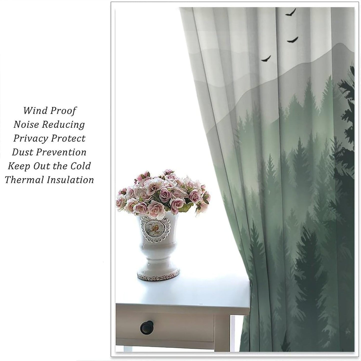 Forest Blackout Curtain for Living Room, Watercolor Green Forest Flying Birds Nature Mountain Tree Woodland Home Window Treatments 2 Panels Drapes for Kitchen Batroom Office Deocr 42"W X 45"L