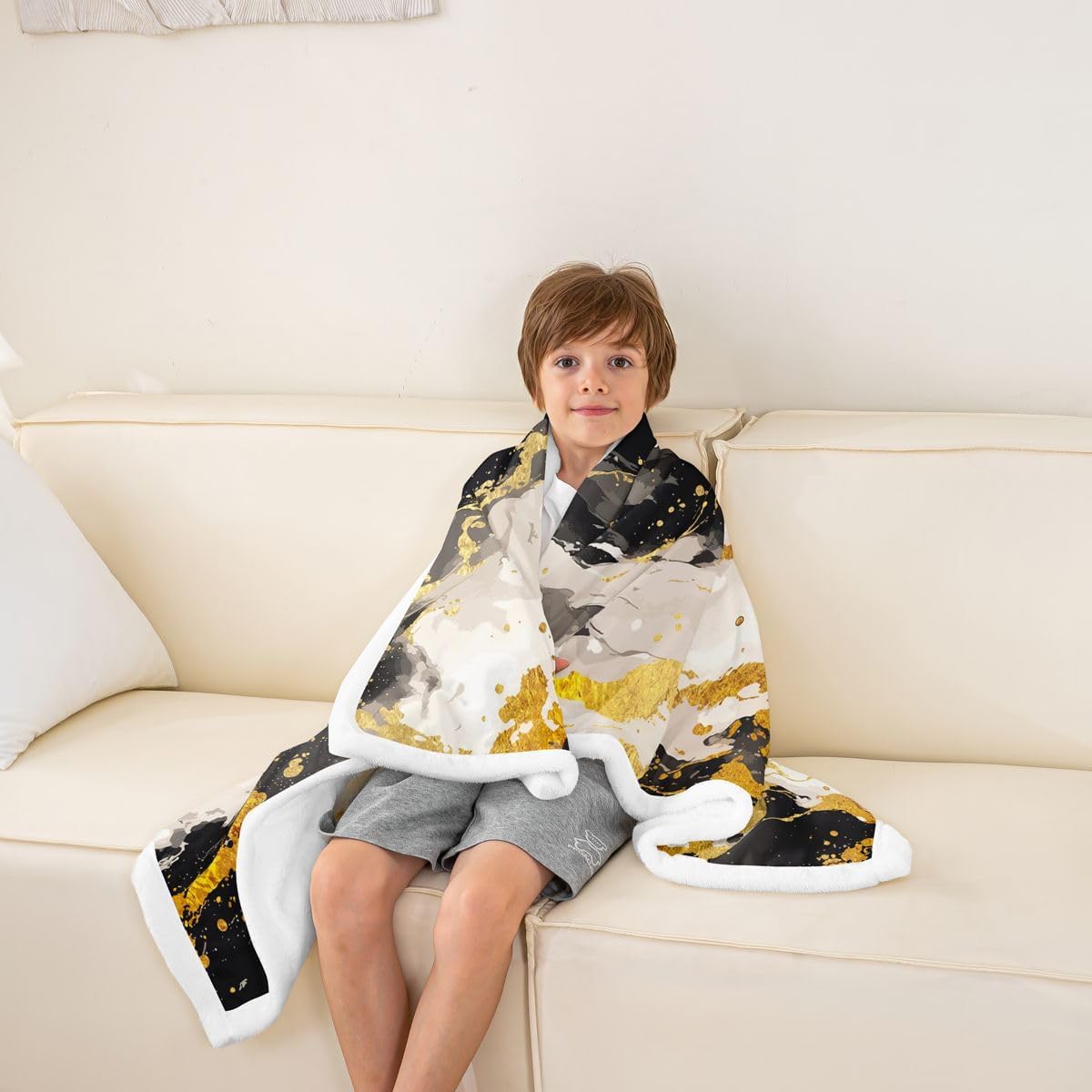 Feelyou Black Gold Sherpa Throw Blanket for Couch Abstract Super Soft Cozy Fleece Marble Blanket for Winter, Plush Throw 40"x50" All Season