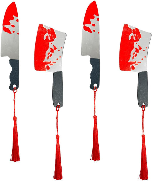Halloween Bookmarks Set 4Pcs Horror Novelty Bookmark,Blood Splatter Knife Bookmarks,Acrylic Book Markers Red Tassels,Gothic Book Accessories for Halloween Gifts,Creepy Crime Book Lovers