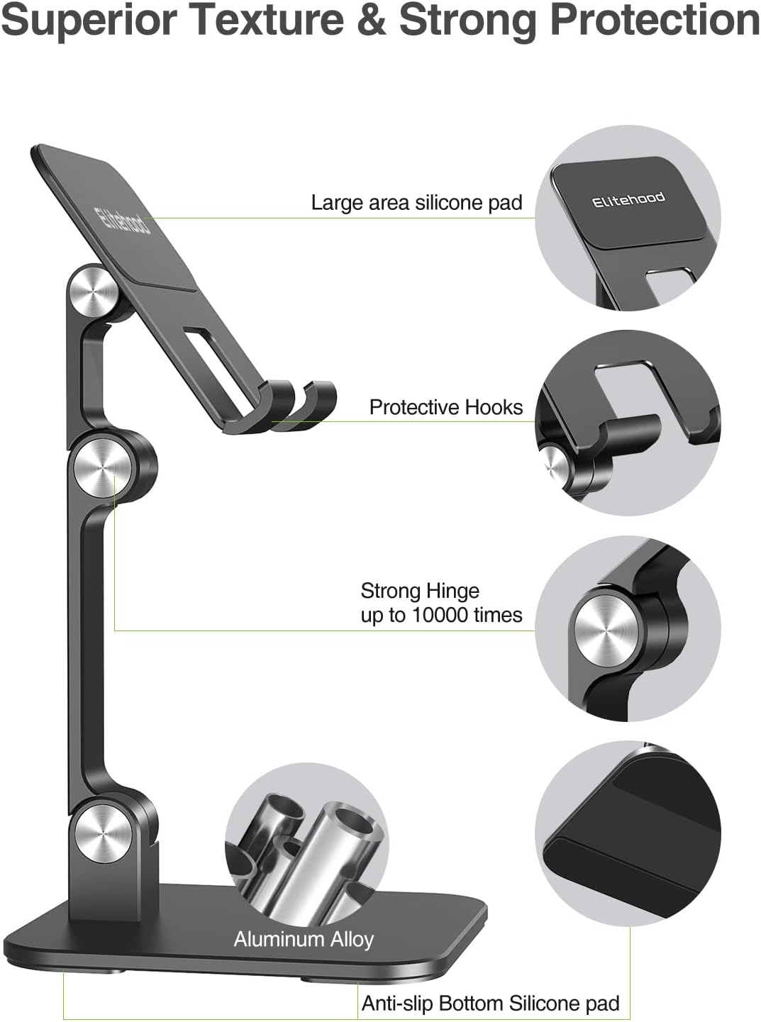 elitehood Aluminum iPad Stand for Desk [Ultra-Stable & Sturdy], Height Adjustable Tablet Stand, Portable Tablet Holder Dock for Home Office, Compatible with iPad Pro 12.9, iPad Air Mini 6 5 4 3, Black