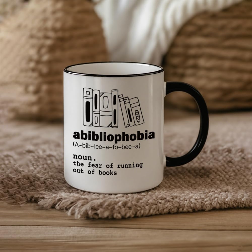 Funny Book Lover Gifts for Women Men Librarian Reader, Novelty Book Mug Gift for Bookworm Booknerd, Abibliophobia Definition Mug 11oz