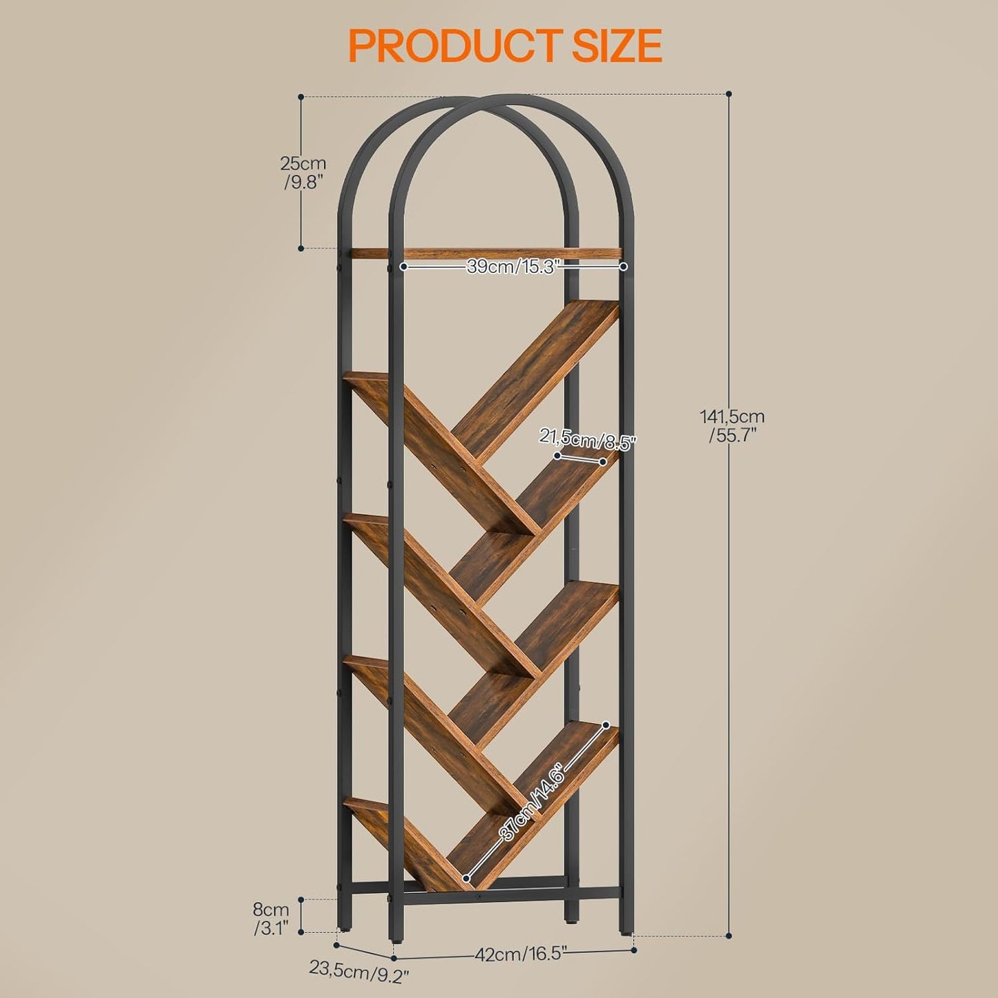 HOOBRO Tree Bookshelf, 8-Tier Floor Standing Bookshelf, Storage Organizer Bookcase for Books/CDs, Wooden Arched Tall Bookshelf for Living Room, Bedroom, Study, Rustic Brown and Black BF07SJ01