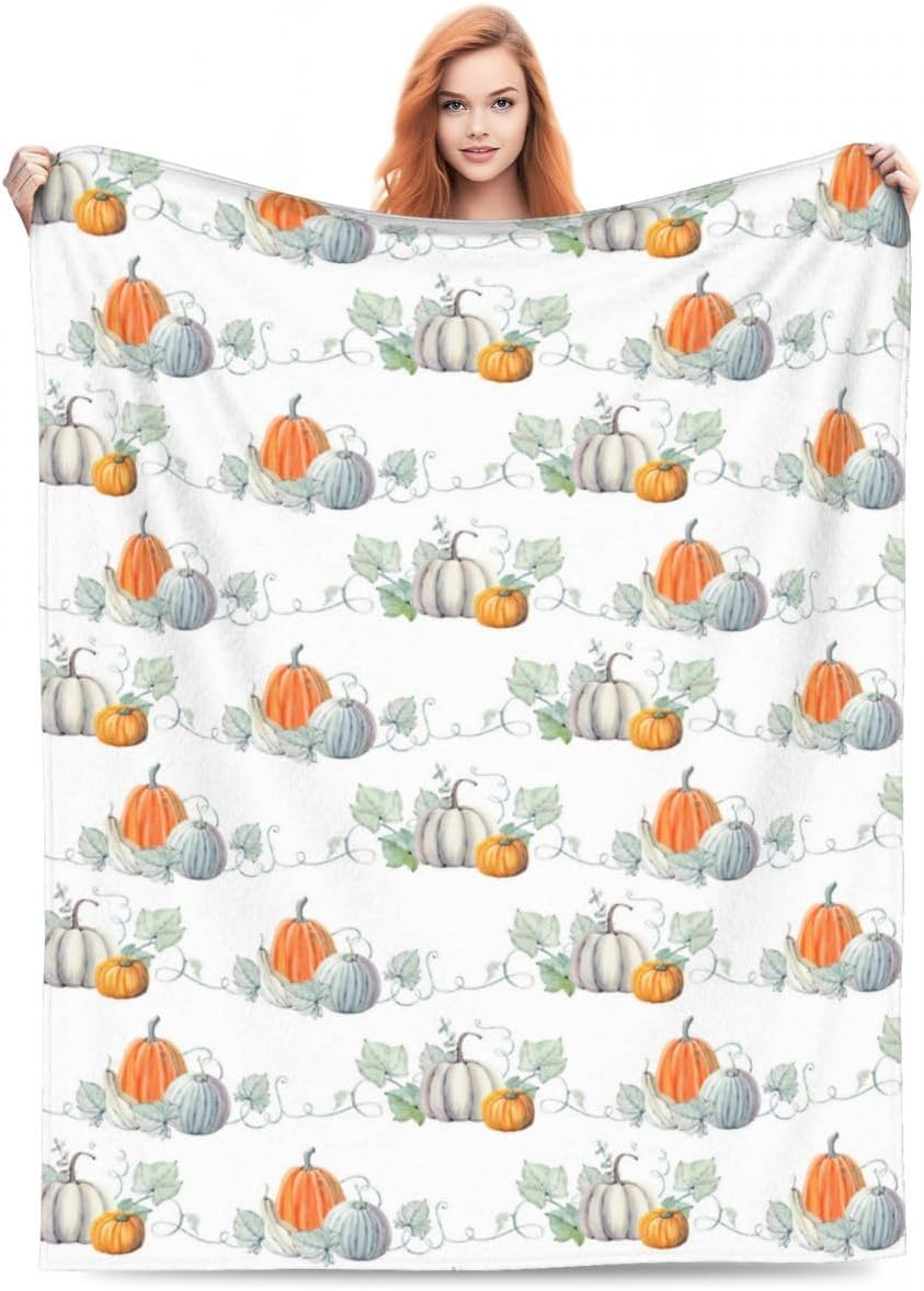 Fall Pumpkin Throw Blanket, Watercolor Blue and Orange Pumpkin Pattern, Warm Soft Cozy Flannel Bed Blankets, Modern Farmhouse Decor for Bed, Couch, Sofa and Chair, 60 x 80 inches