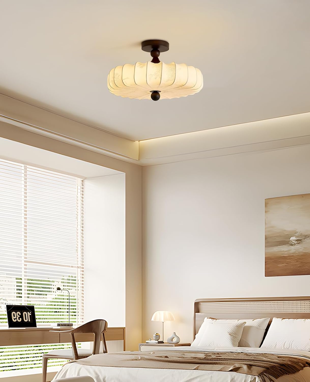 Fabric Lampshade Semi Flush Mount Ceiling Light with Wooden Accents,Brightness Dimmable & 3 Temperature,⌀ 11.8"