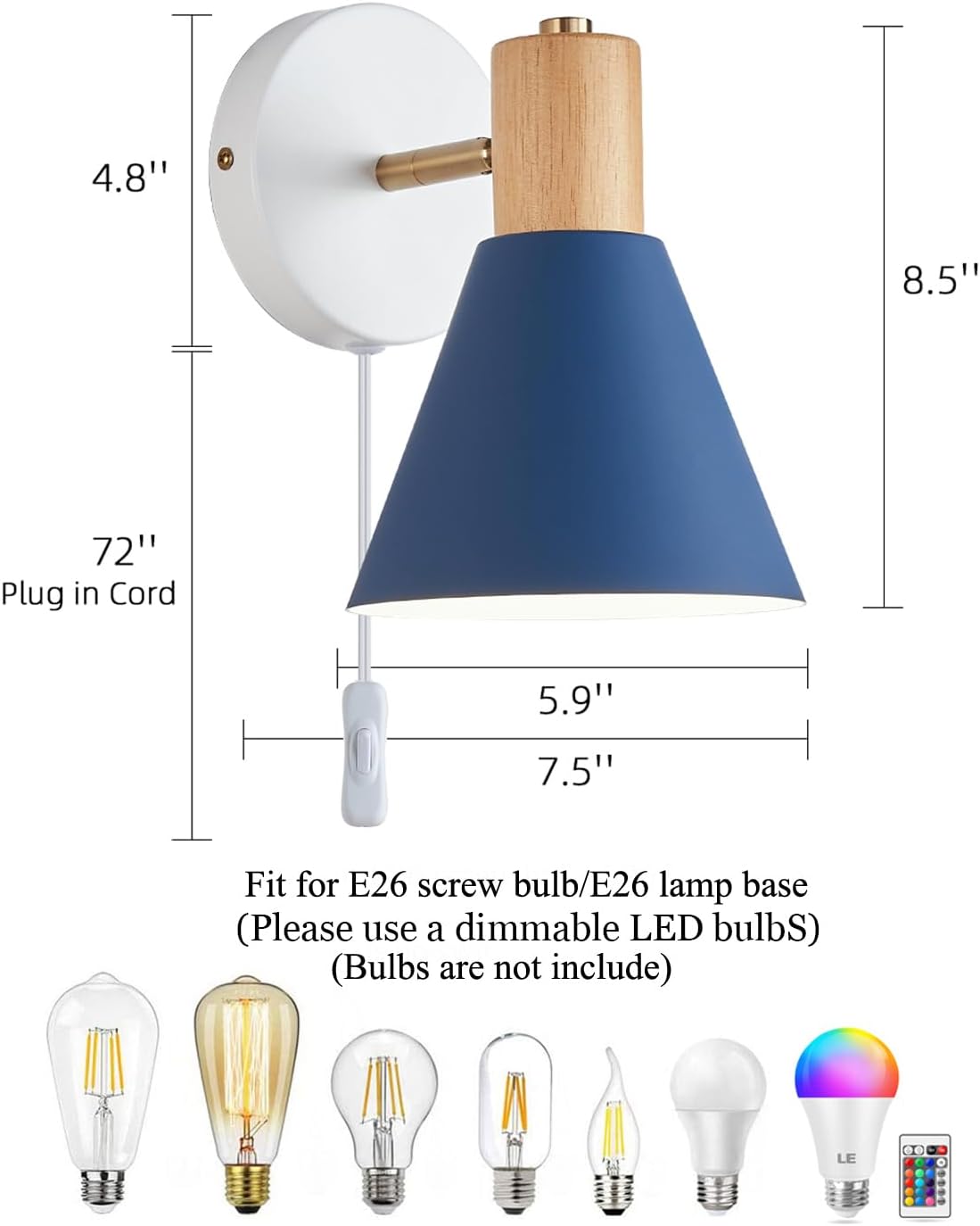Plug in Wall Sconces Lighting Fixture, Wooden Adjustable Bedside Wall lamp for Industrial Bedroom, Living Room Bathroom Sink Lighting (1, Blue)