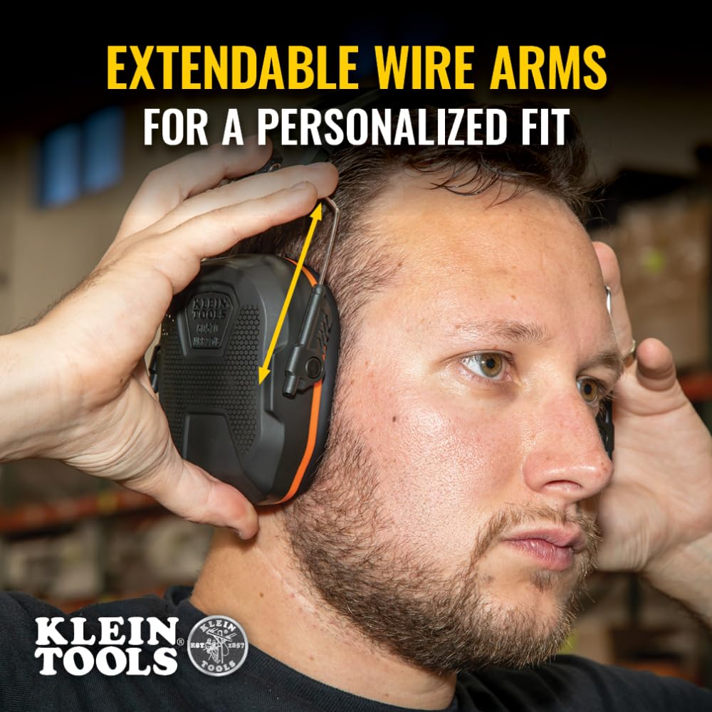Klein Tools 60570 Hearing Protection Ear Muffs, NRR 27dB, Ultra-Slim Over-the-Head Adjustable Safety Earmuffs for Loud Jobsites