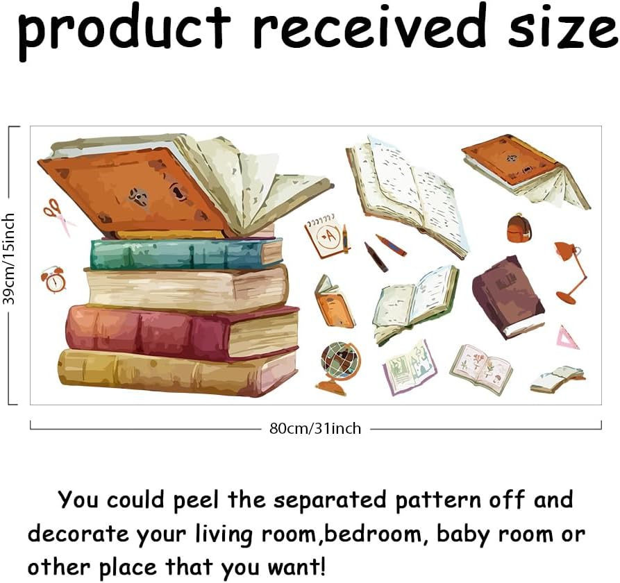 SUPERDANT Magic Book Wall Decals Stickers with Flying Book School Bag Scissors for Bedroom Wall Mural Ruler Globe Decor for Library Reading Room Classroom Wallpaper Decor Birthday Gift Back to School