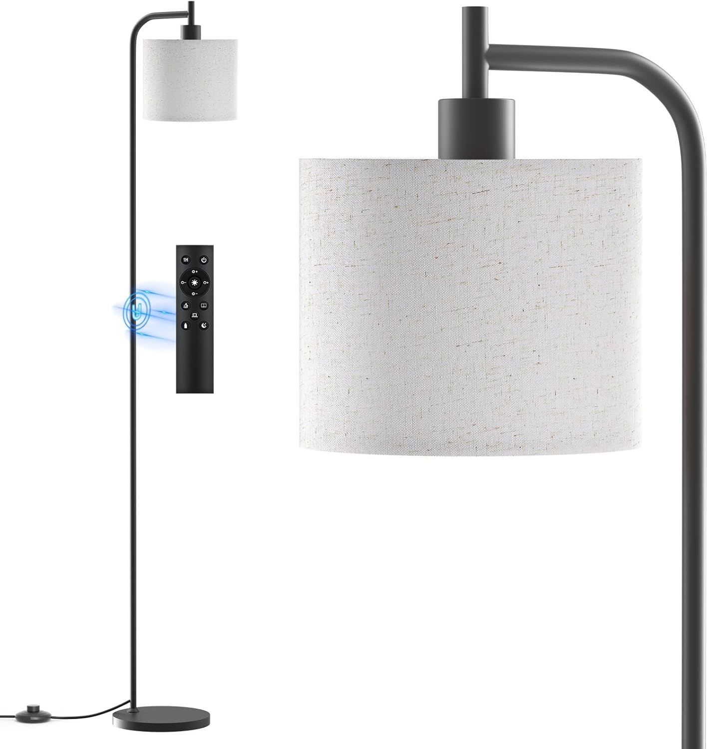 Floor Lamp with Linen Shade, Dimmable Tall Standing Lamp with Remote Control & 3 Color Temperatures, Modern Corner Floor Lamps for Living Room Bedroom Office, 9W LED Bulb Included