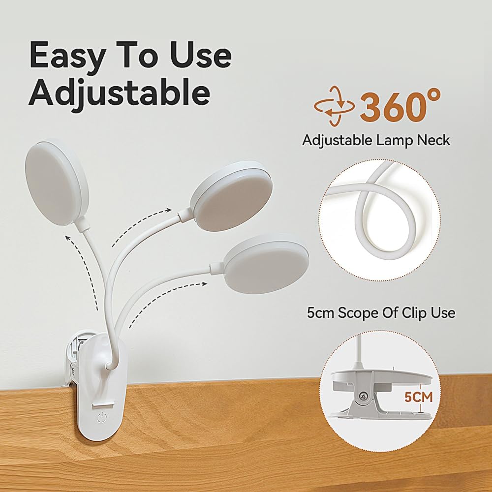 Clip On Clamp Light for Bed Headboard,Rechargeable Desk Lamp,3 Colors (White/Warm White/Warm),Dimmable 360° Gooseneck,20 LED,Eye-Caring Light for Study & WorkCollege Dorm Essentials for Girls & Guys