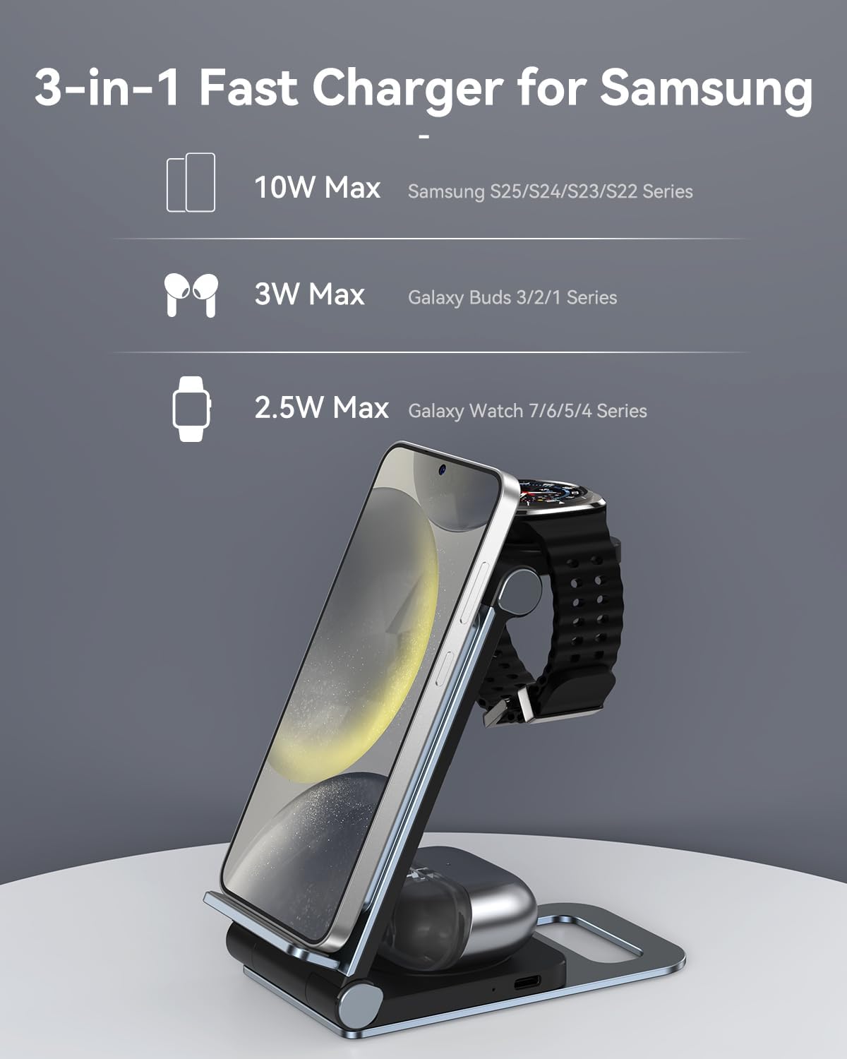Wireless Charger for Samsung 3 in 1 Wireless Charging Station Foldable Wireless Charger Stand for Samsung S26 S25 Ultra S24 S23 S22 S21 / Z Flip/Z Fold Series for Galaxy Watch 8/7/6/5/4/ Galaxy Buds