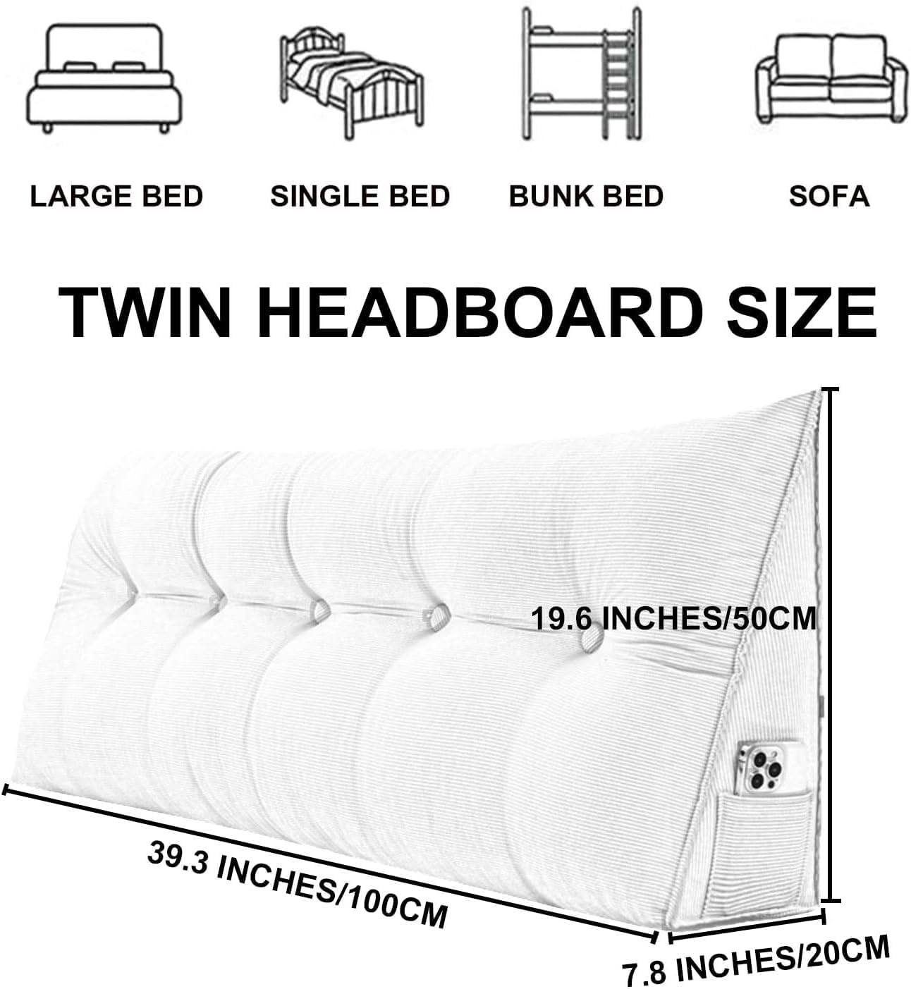 Queen Size Corduroy Headboard Pillow - Soft Backrest Cushion for Bed Rest, Lumbar Support, Comfortable Sitting Position, Ideal for Reading and Relaxing. (Gray 39"/100cm(Twin))