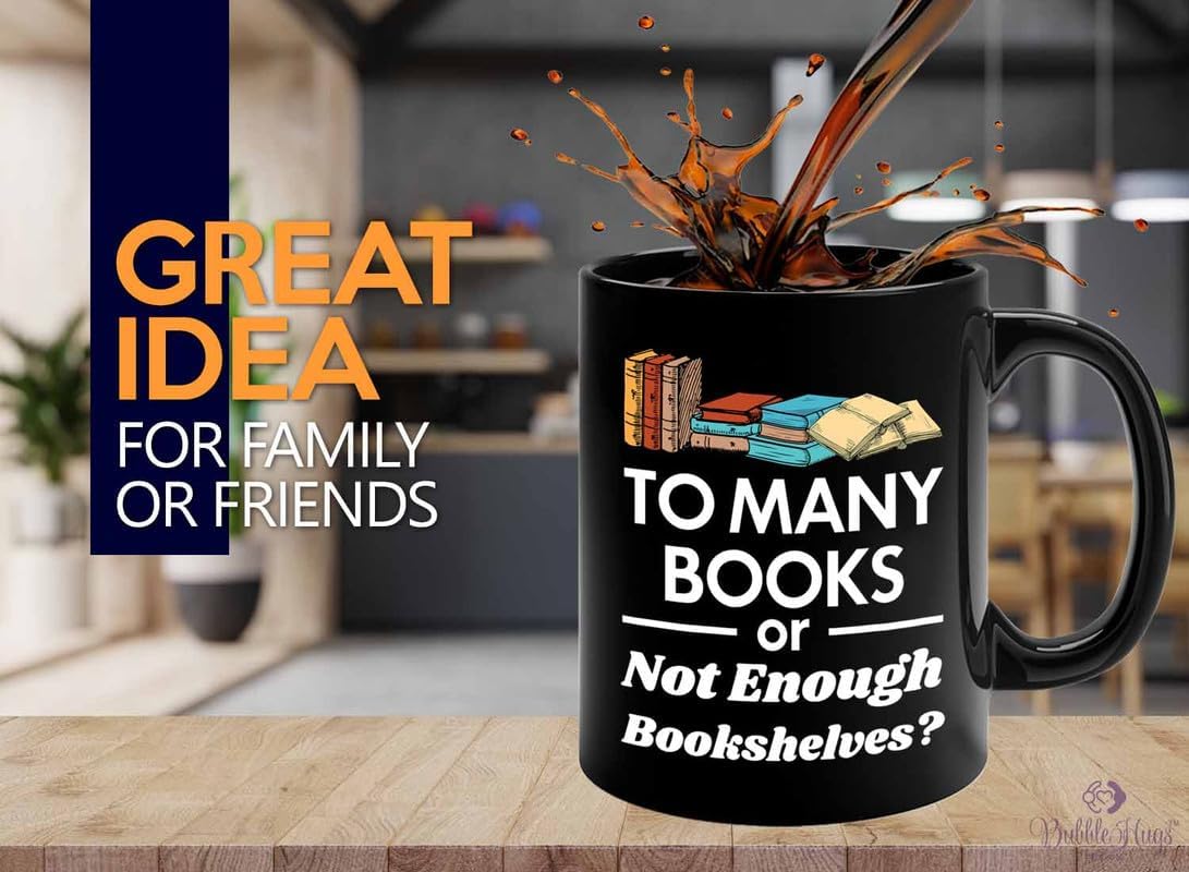 Reading Coffee Mug 11oz Black - To Many Books - Reader Gift Bookworm Owl Lover Cat Lover Book Lover Novelist Librarian Writer
